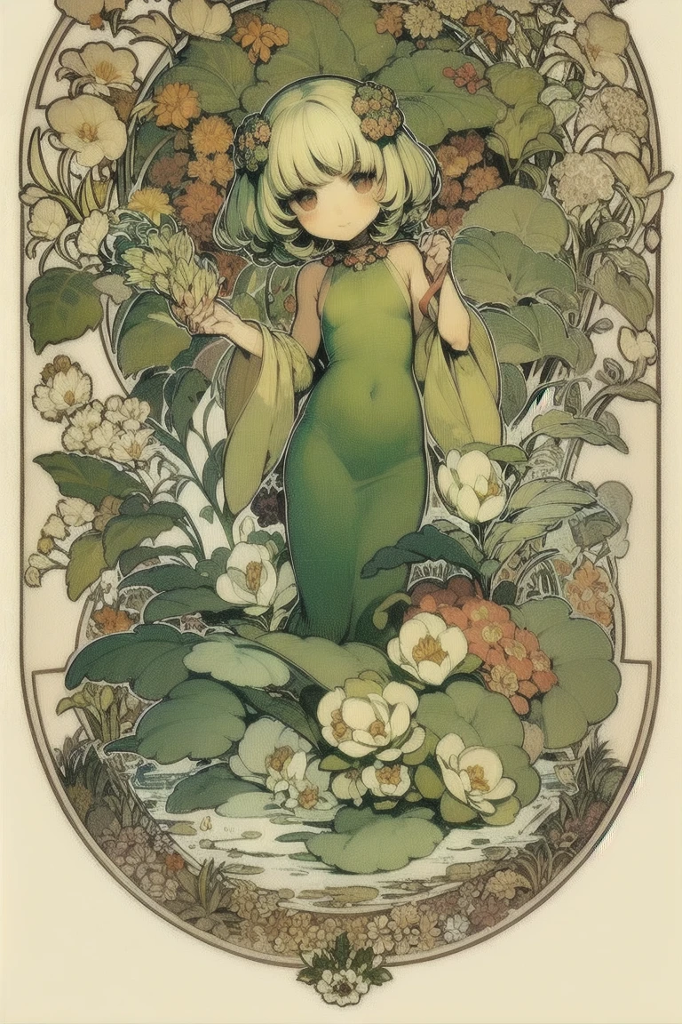 young white girl, short-haired green, green eyes, naked, showing her body in a garden of beautiful flowers