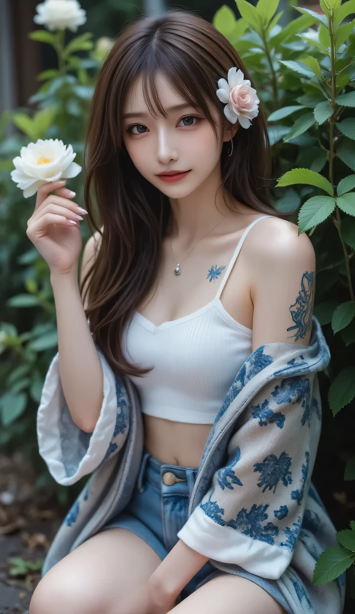 Masterpiece, absurderes, Highly detailed:1.3), dream-state, Digital painting beauty, (Sitting, mature, Slim, Slender,) view the viewer, (Masterpiece), (Best quality:1.2), absurderes, Intricate details, skin indentation, cleavage, Huge breasts, (Highly detailed skin:1.2), (author:Alphonse Mucha Echo Chernik Megan Laura Cho Bingqiang), Sharp focus, Soft and colorful, Centered, symetry, picure, Intricate, voluminetric lighting, Beautiful, rich deep color, Ultra detailed, Digital painting, Mysterious magic, Focused, lush colors, Canon Eos 5d Mark IV and Fujifilm Superia X-TRA 400 film, (Extremely detailed oil painting:1.2), Glow effects, godrays, handpainted, Renders, 8K, rendering by octane, 4 d cinema, blender, Dark, Super delicate atmosphere 4K, cinematic sensual, Sharp focus, humorous illustration, great depth of field, Masterpiece, colours, 3d octane render, 4K, concept-art, trending on artstationh, Hyperrealistic, Vivid colors, Extremely detailed CG unifies 8K wallpapers, trending on artstationh, trending on CGSociety, Intricate, High detail, Dramatic,1girll,Outdoor photography,squatting on the ground,bird's eyes view,(tee shirt),((stocklings)),Abdominal exudate,(White Sexy Underwear),(((leg loops))),neck rings,Tattooed with,((Wear a bracelet,choker necklace))(full bodyesbian:1.5