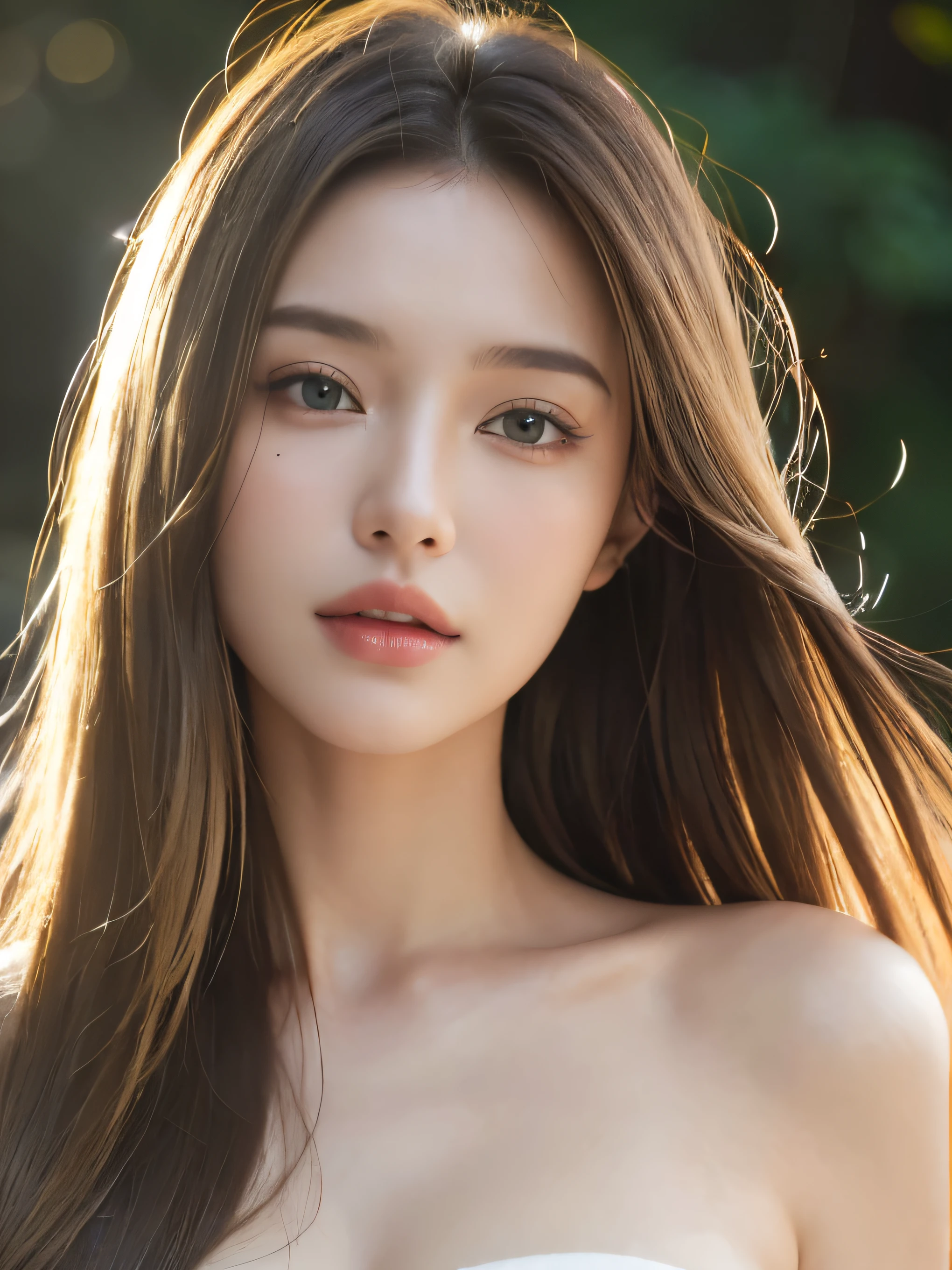 1 Female, Close-up of face, Medium chest, Light brown hair, Blunt bangs, Hair behind the ear, Hair that falls over the shoulders, Long Hair, Slim figure, Ultra Fine Face, Thin face, Delicate lips, Beautiful Eyes, Light blush, eyes are light brown, Perfect glowing skin, Perfect Skin, Shining Sweat,Have a look at this, Ultra-thin needle, Very thin fingers, The optimal ratio is four fingers to one thumb, (Realistic:1.3), Broadleaf Forest, First Person View, Super detailed, high quality, 最high quality, High resolution,Big Breasts、Deep cleavage、