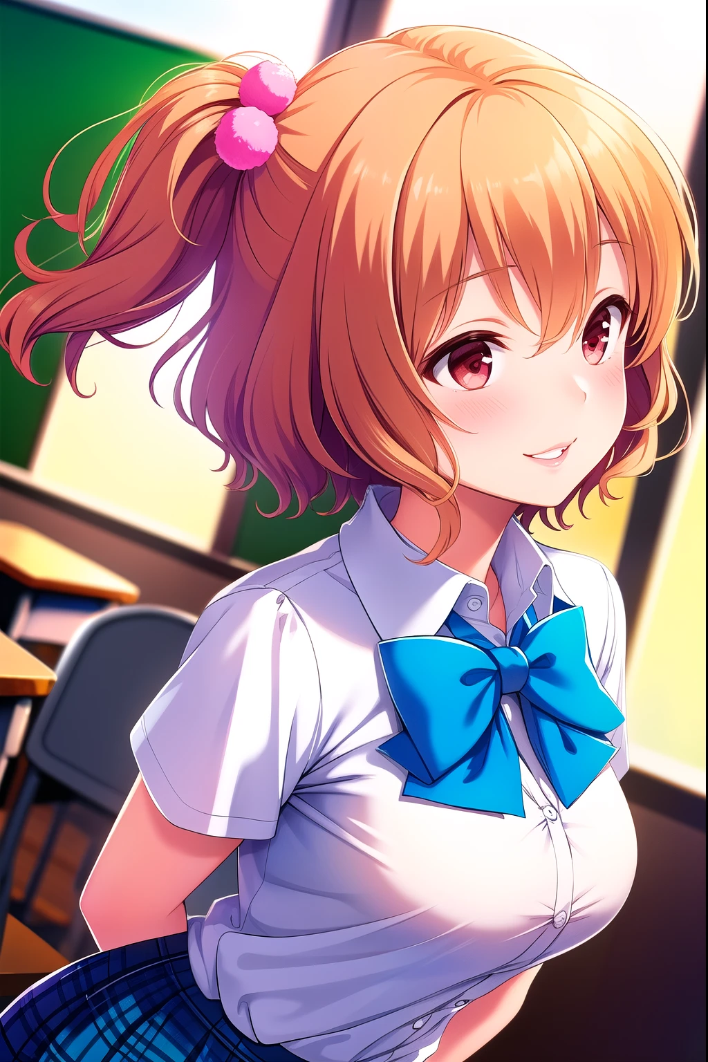 (Masterpiece, best quality), highly detailed background , perfect lighting best quality, ( upper body angle:1.5),(Arms behind your back:1.1), tomuramichiru, Alone, indoor, school classroom, orange hair, One side up, hair bobble, hair between eyes, short hair while on a business trip, Red Eyes , medium boobs , (Blue Bowtie:1.3), white shirt, Short sleeve, blue skirt, plaid skirt, school uniform, laughs、 blush、 pink lips,