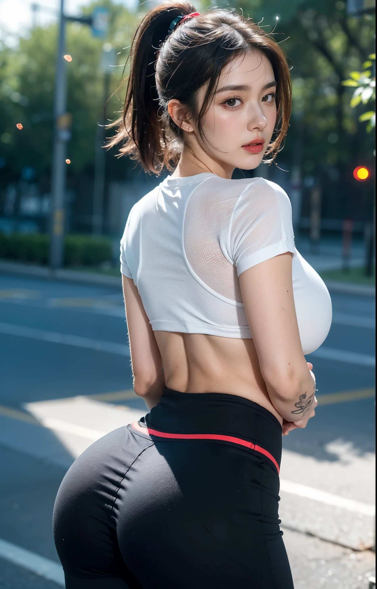 8k, masterpiece, RAW photo, best quality, photorealistic, extremely detailed CG unity 8k wallpaper, Depth of field, Cinematic Light, Lens Flare, Ray tracing, (extremely beautiful face, beautiful lips, beautiful eyes), intricate detail face, ((ultra detailed skin)) 1girl, full body, big breasts, in the dark, deep shadow, pretty korean girl, kpop idol,(very slim slender fit-muscled body), ((looking at viewer)),(big smile), (fashion city night, (neon sign), (blurry background), midnight, (vacant city), (without people in the background), pretty korean girl, white diamond earrings, dia bracelets, dia necklace, clear eyes, walking , (pale skin), face forward, (big eyes), ((upper body shot)), (baseball cap), ((red color leggings)), (camel toe, shape), ((T-shirt)), (ponytail), ((standing pose)) (( fancing your butt)) back view