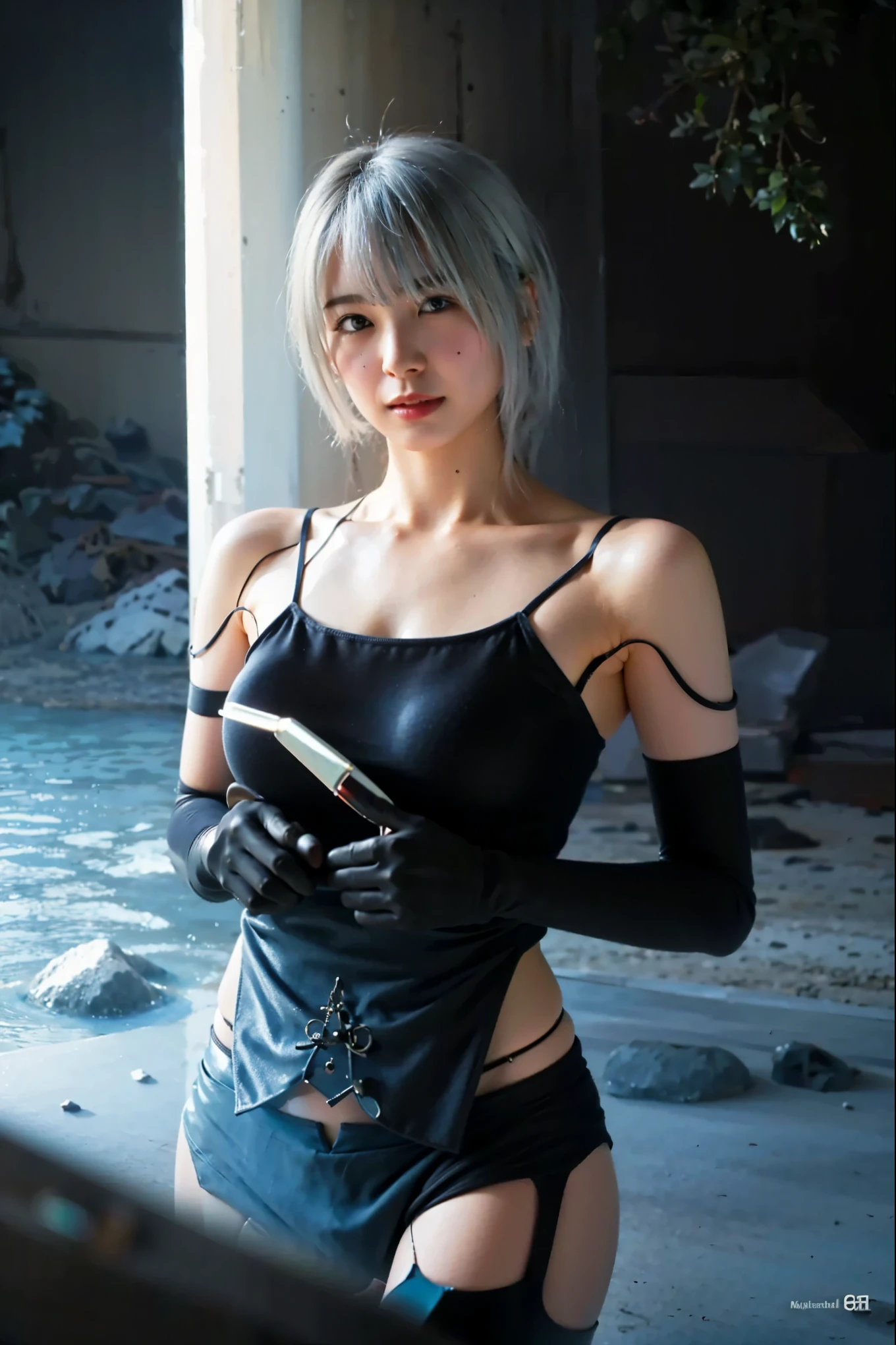 (Completely live action:1.37), (Amazingly realistic textures:1.37), (masterpiece, best quality:1.2), (8k uhd, 16k, 32k, ultra high res), amazingly realistic skin, amazingly realistic photo, superrealism, (photorealistic:1.37), (RAW photo), ultimately realistic, (ultimately realistic all details), (ultimately realistic all textures), super realistic lighting, super realistic shadow, (japanese girl:1.5), ((young face)), smiling, happy, super realistic face, ultimately realistic skin, ultimately realistic eyes, (mascara:1.35)ultimately realistic background, ultimately realistic detail up, kkw-ph1, GotouMaki, (Canon EOS R6, 85mm, 1/200s, f/5.6, ISO 1600), (tattoo), (mechanical armor:1.37), (sel-frame glasses), (blue eyes:1.2), (silver hair:1.3),