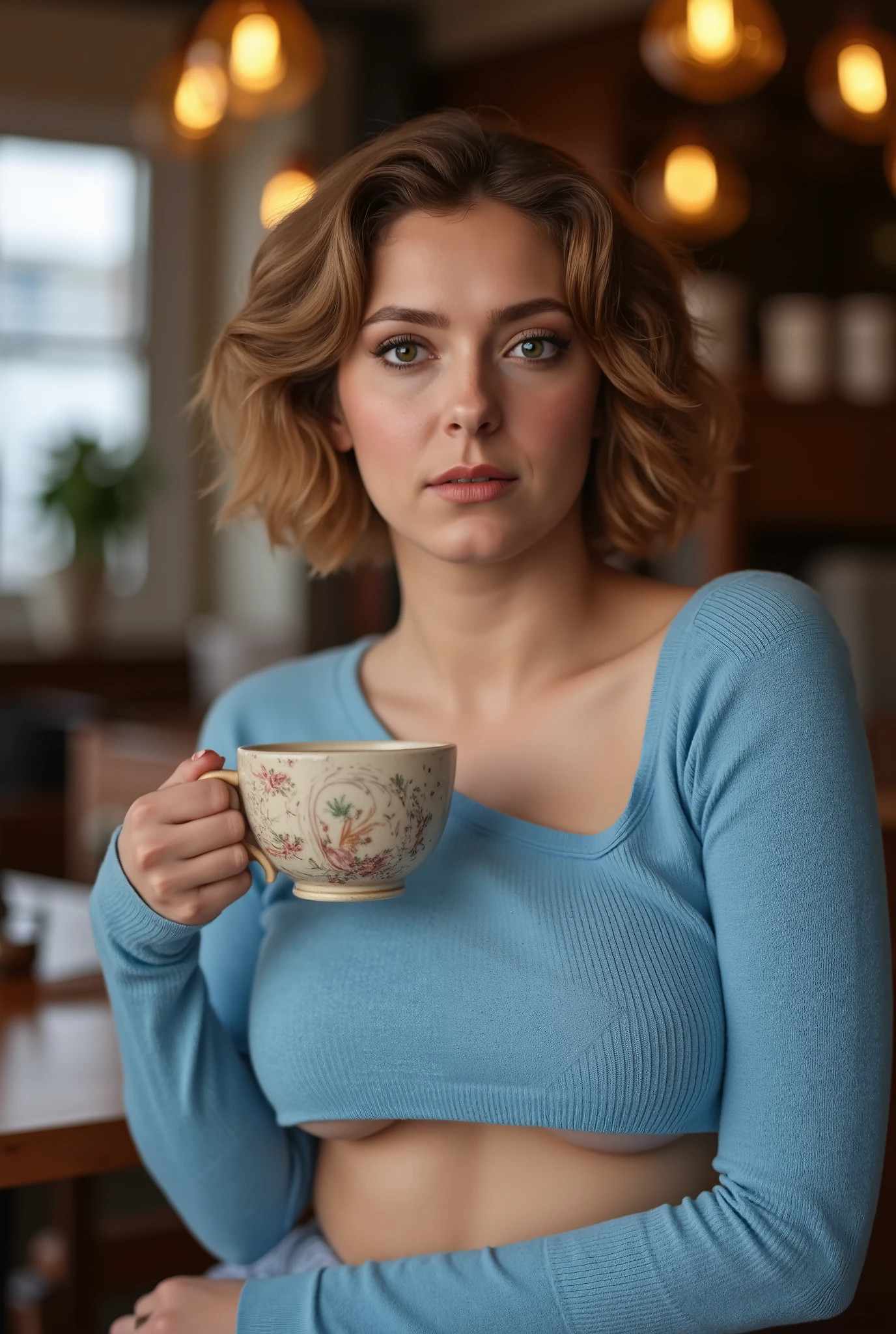 8k hdr photo graph of She has short, wavy brown hair styled in loose curls. wearing a cropped light blue sweater that shows her underboob, sitting in a cafe holding a coffee, . She is looking at the viewer,