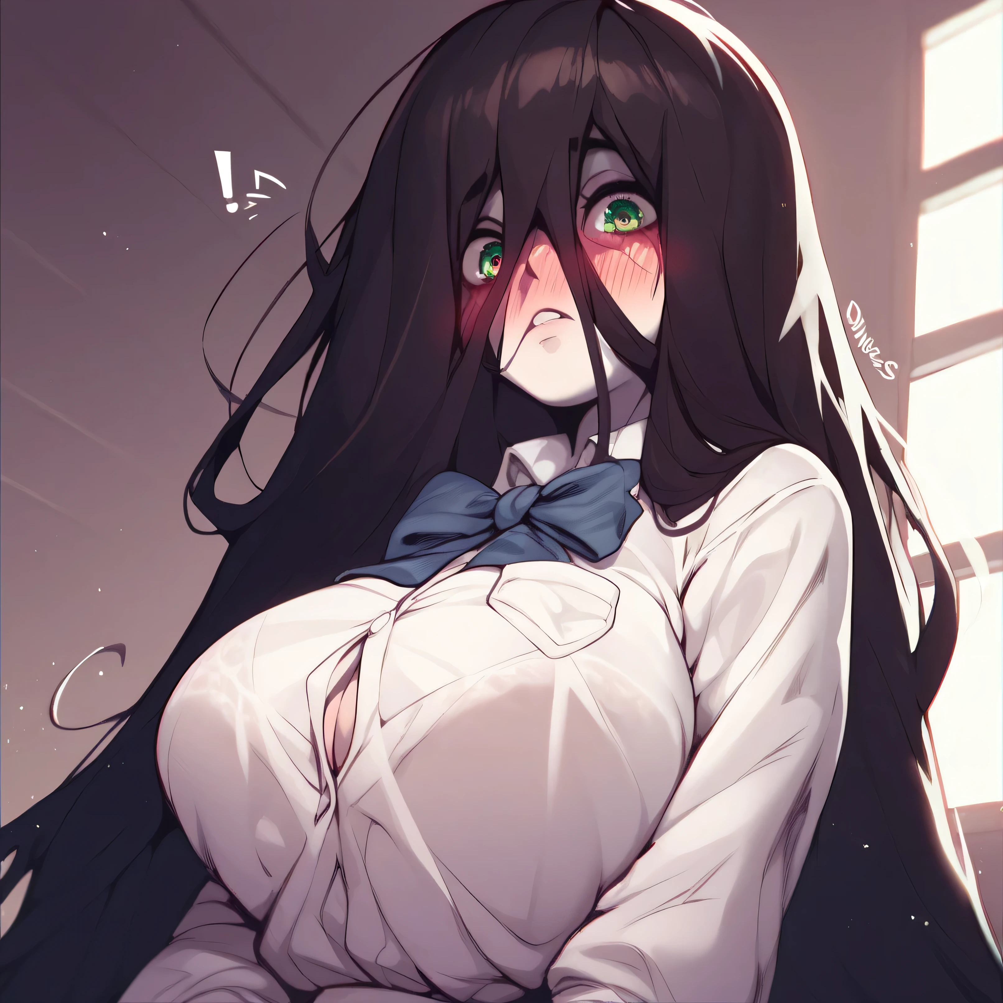 Sadako, young, emerald eyes, school uniform , Big breasts, blush, look at the spectator , Smiles, Interiors, alone, by diives