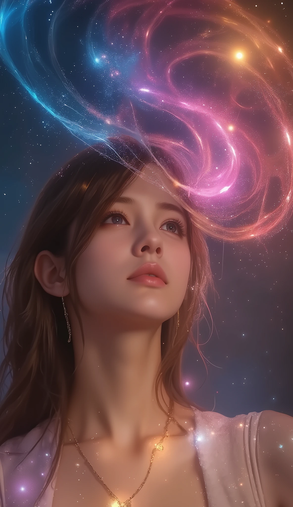 high detail, more details, super high definition, A girl having a great time in the galaxy of her dreams , Surrounded by stars, The warm light that shines on her, background is a starry sky with colorful galaxies and galactic clouds, The flying stars surrounding her々, delicate face, Adding a Playful Atmosphere ,