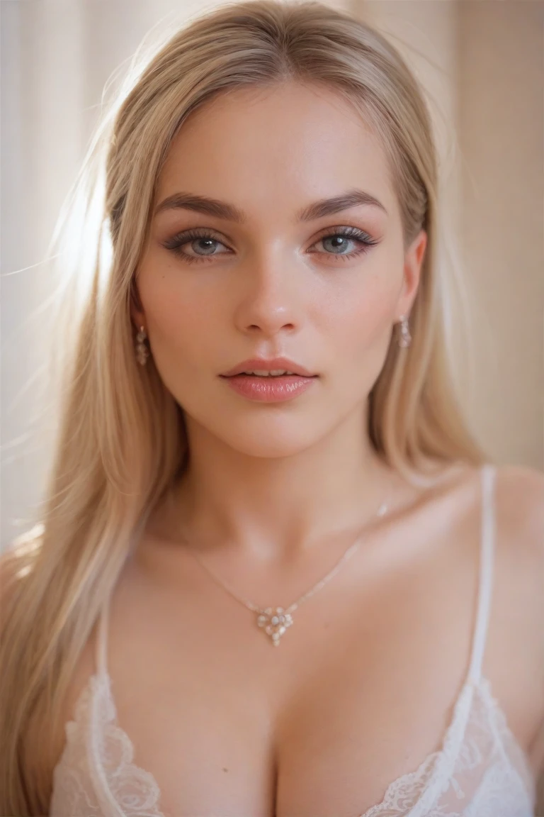 LoraAvril, blonde, yeux : clair, maquillage : noir, rouge à lèvres : rose, nuisette : rose : satin, position : sexy