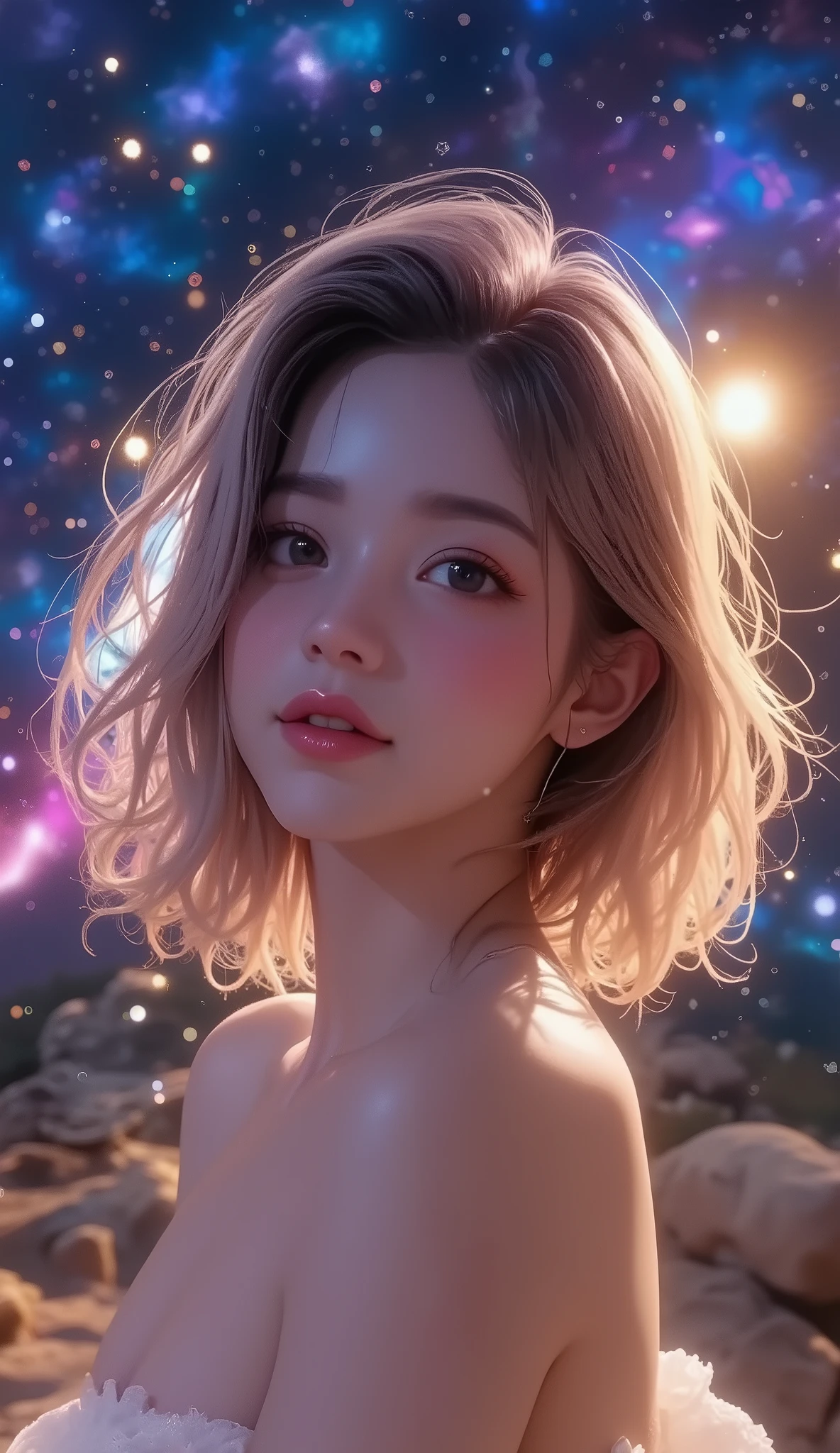 high detail, more details, super high definition, A girl having a great time in the galaxy of her dreams , Surrounded by stars, The warm light that shines on her, background is a starry sky with colorful galaxies and galactic clouds, The flying stars surrounding her々, delicate face, Adding a Playful Atmosphere ,