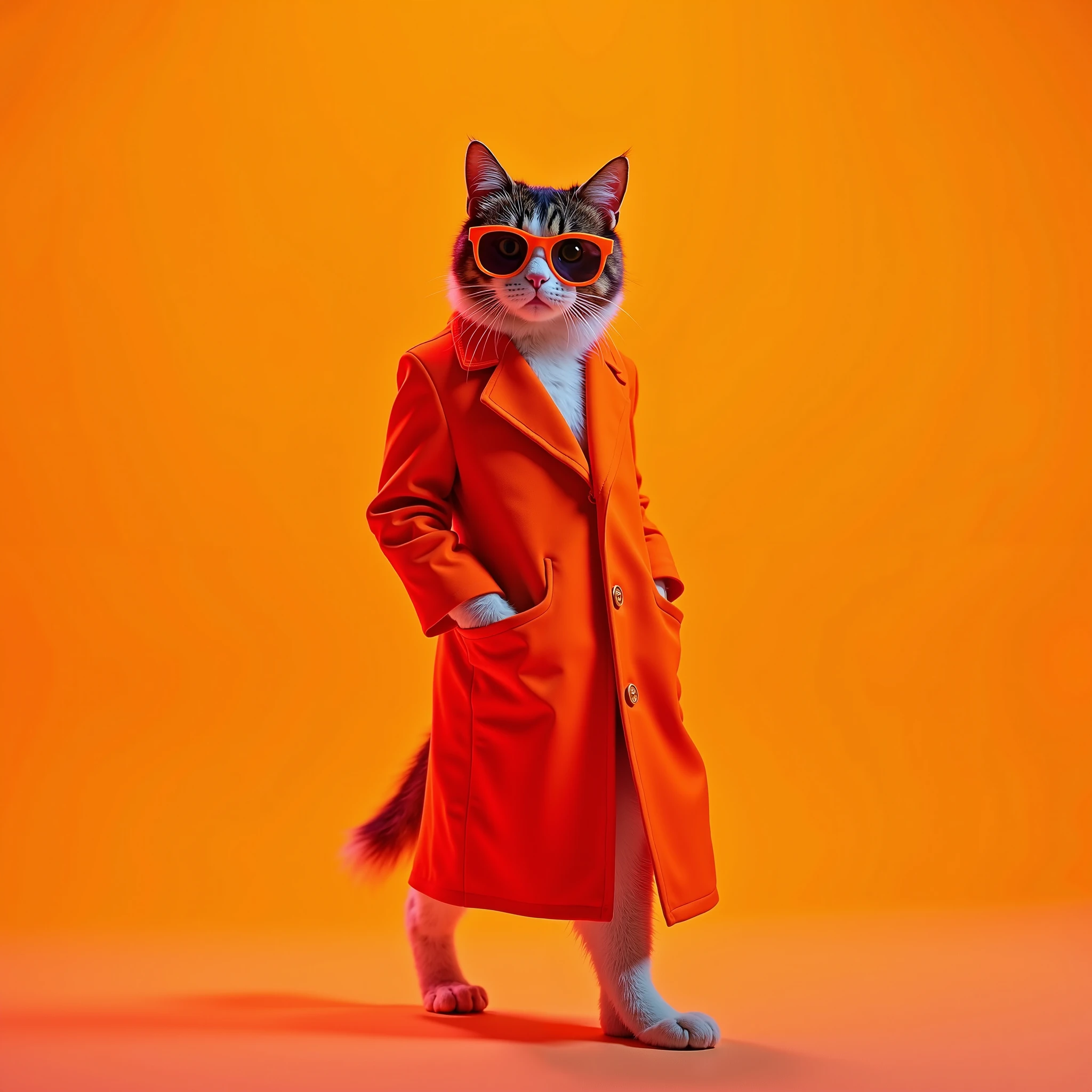 The best mobile wallpaper, Award-winning wallpaper, Portrait Photography, In front view is a portrait of a cute cat wearing 1960s mid-century space-age fashion, Side view shot, Shot with Canon EOS R5, Setting a stark contrast that accentuates the subject, Fluorescent orange shade, Wearing a very fashionable lounge coat and sunglasses are a hip 1960s style, Clothing all in one color, Beautiful background
