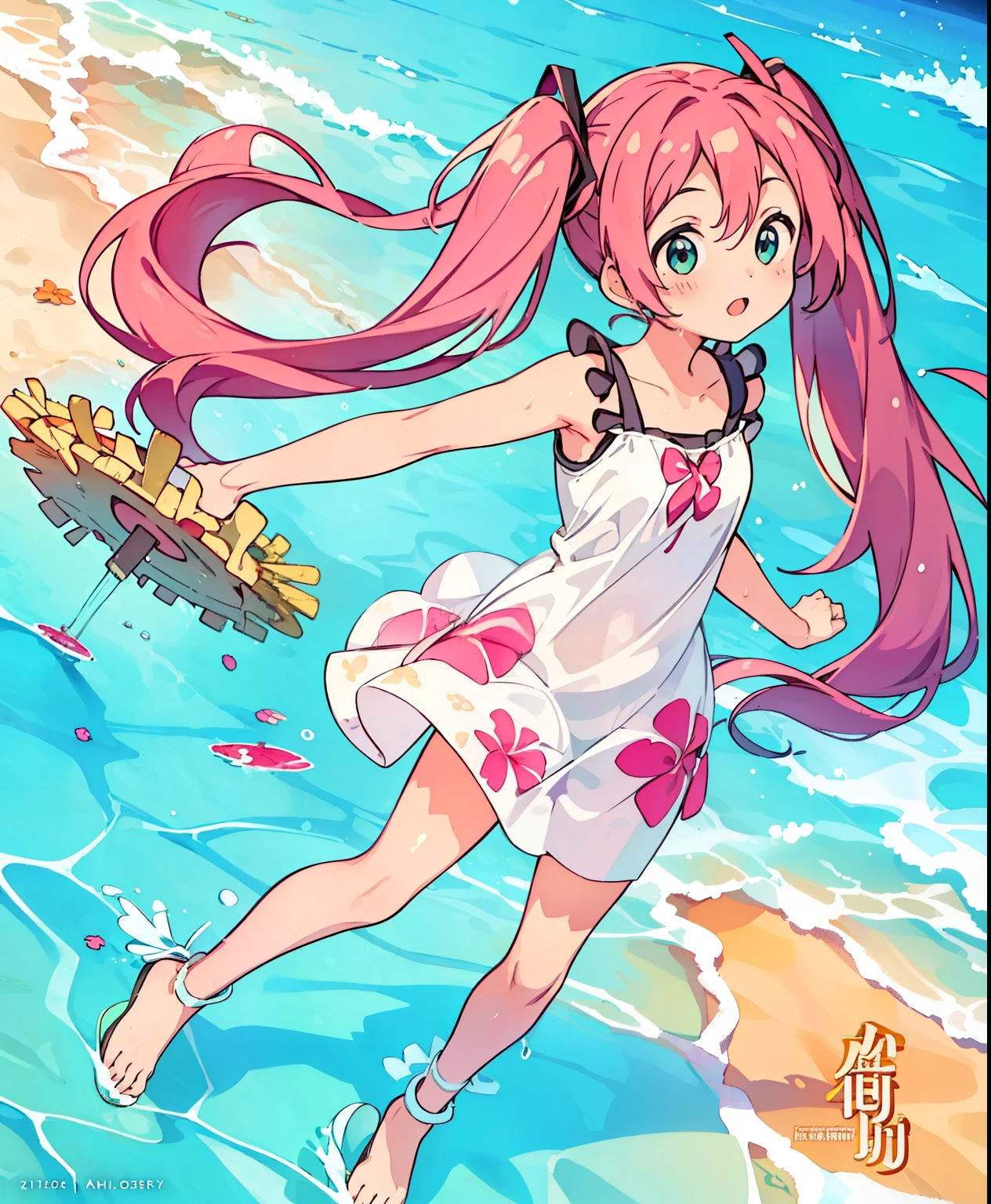 (Masterpiece、 best quality、 best quality、 Official Art、  beautiful and beautiful  :1.2)、( One Girl:1.3) Hatsune Miku、 twin tails, beautiful breasts ,  there is a woman walking in the water on the beach, I'm wearing a Hawaiian dress,  elegant tropical print ,  photoshoot, , Tropical Style, On the Sea water,  wearing a Hawaiian dress poses in the ocean and beach  , Wearing a summer dress,  sundress, , Wearing a floral kitten , Being on the beach, wearing  sundress, On the Sea