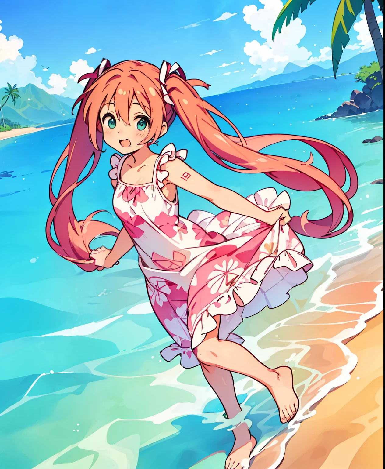 (Masterpiece、 best quality、 best quality、 Official Art、  beautiful and beautiful  :1.2)、( One Girl:1.3) Hatsune Miku、 twin tails, beautiful breasts ,  there is a woman walking in the water on the beach, I'm wearing a Hawaiian dress,  elegant tropical print ,  photoshoot, , Tropical Style, On the Sea water,  wearing a Hawaiian dress poses in the ocean and beach  , Wearing a summer dress,  sundress, , Wearing a floral kitten , Being on the beach, wearing  sundress, On the Sea
