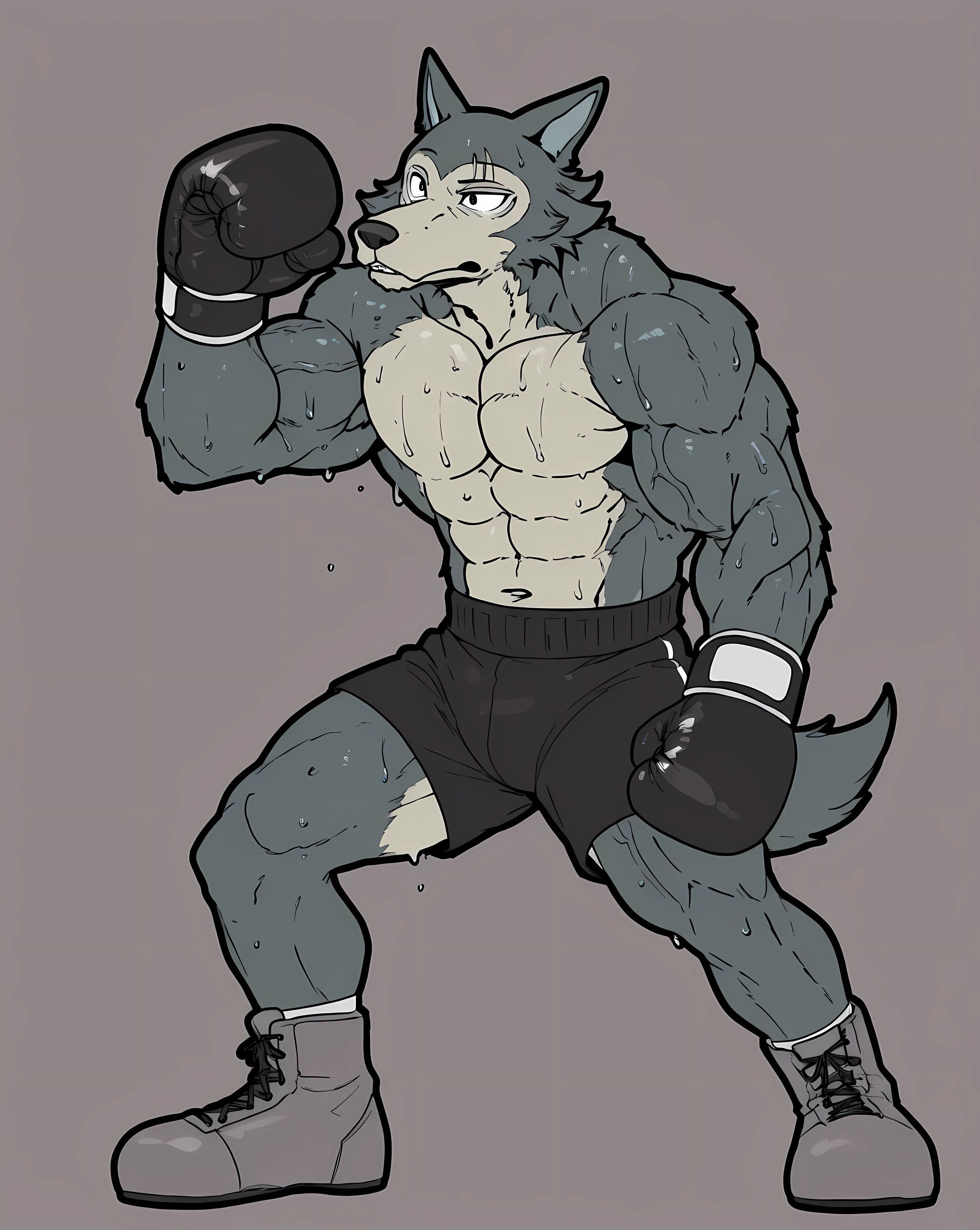 l3gosh1, beastars, male, solo, wolf, muscular, athletic, masculine, (small eyes), flat color, boxing_gloves, simple background, sweaty body, veiny arms, bulging muscles, dynamic pose, posing, (black outline), boxing_shoes, boxing_shorts