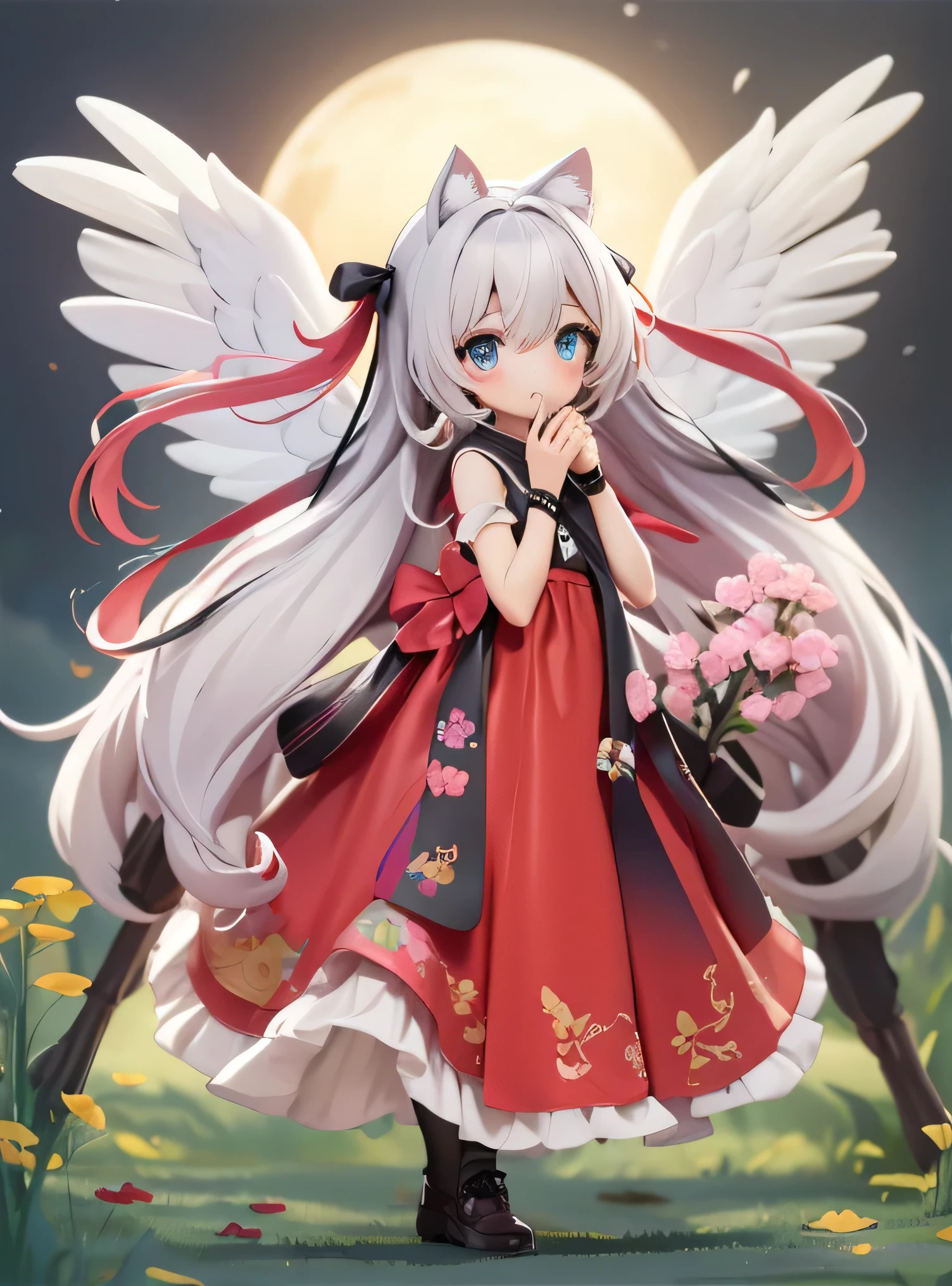 1 girl in black pantyhose、 long hair、Black Hair、 blue eyes、 beautiful eyes、(full, big)、Idol Clothing、Clothing ribbon、((Wrinkles))、(pastel dress)、Short sleeve、 puffy sleeve for one shoulder 、(Idol)、 beautiful legs with tails、 is standing photo、 is standing、 field background 、( Best Quality high-resolution)、( best quality:1.2))