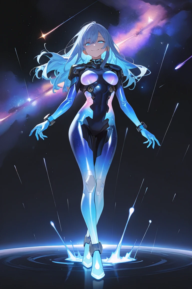 1girl, superhero, mature woman, leotard, bare legs, boots, gloves, atoms, glowing body, light surrounding her body, light particles, space backdrop, standing, hand on hip, cowboy shot, full body shot, superpower.