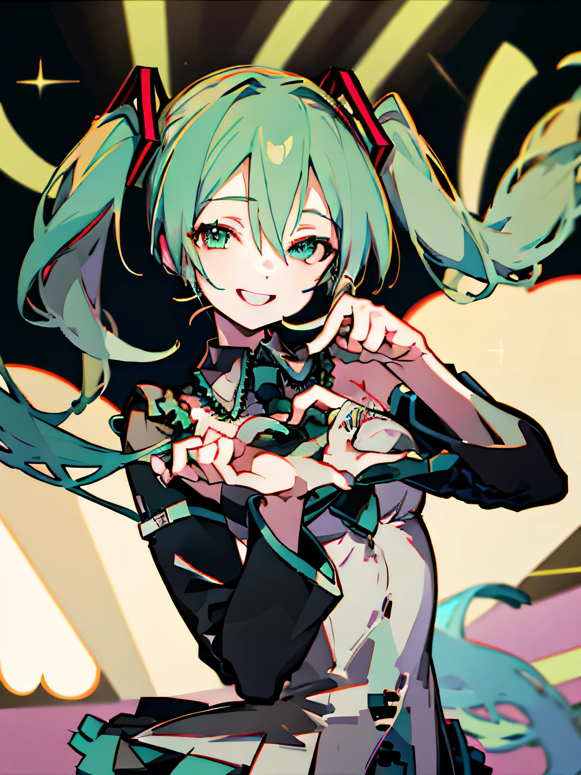 ( heart hand,  own hands together:1),  Mature Woman,  smiles,  concert stage, Young Adults, 20th Generation,  skinny, Hatsune_Miku_Ecstasy,
Hatsune Miku,
 Aqua Hair ,
  aqua eyes ,