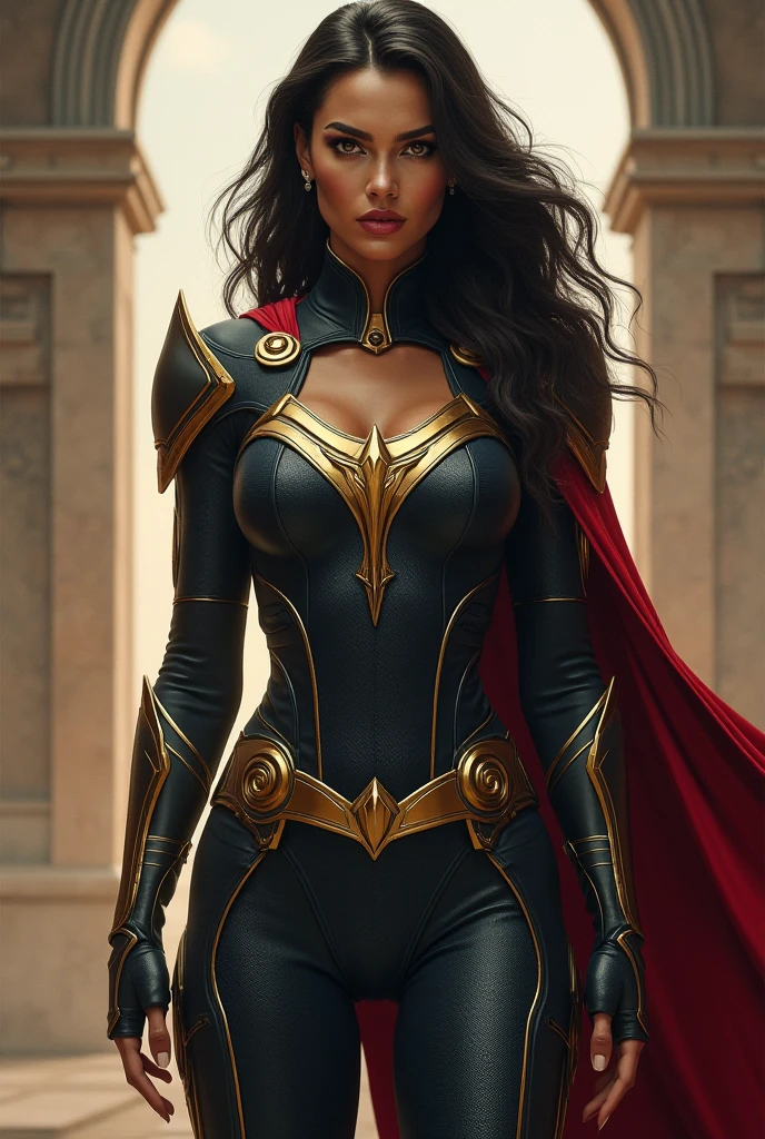 (((Midjourney A beautiful American woman with light eyes and long black hair))),(((On my knees screaming))),(((Wearing a black leather jumpsuit))),(((With tiny scales))),(((Red sleeves falling from her shoulders))),((((Red boots and white stripe in the middle))),(((Long silver-colored metal bracelets fitted to your wrists))),(((Black corset with golden eagle))),(((On his bust))),(((wonder woman))),(((Silver metal diaema with a red star on its front))),(((Suit with lots of tiny little stars))),(((Woman of thick build with muscles in her arms and legs))),