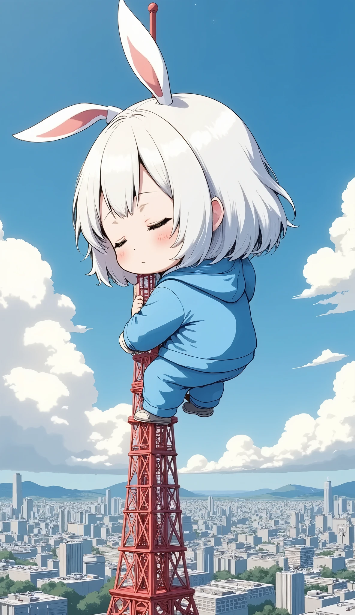 Sleepy little character wearing a blue wide-fit knee-length hoodie 、 clinging to the top of a very large Tokyo Tower、It looks like King Kong 、Tokyo Tower is about 20 times larger than hers、Tokyo Tower is so big、 Her face looks very weak, Peaceful atmosphere of everyday life