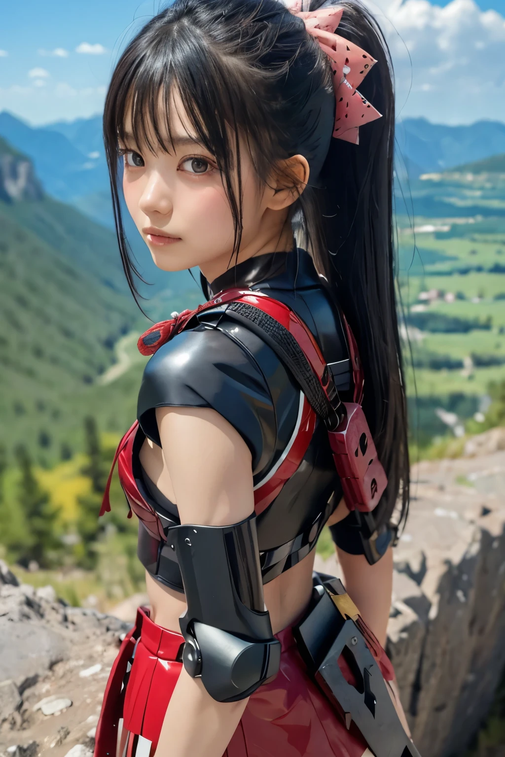 A futuristic warrior girl is deformed in a Nendoroid style.、Very well made。Wearing red and black armor、Long black hair with pink mesh。Equipped with a cyber helmet and a robot suit、He is depicted standing on a rocky mountain with a huge sword on his back.。The blue sky spreads out in the background、Features shiny metal surface finish and fine parts。