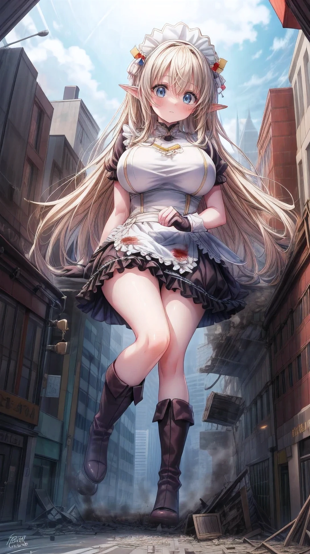 (((Big Breasts)))、((( plump thighs)))、 whole body depiction 、(((( fisheye lenses ))))、(((( is looking at me ))))、 embarrassing、 building fire 、Urban Promenade、Traffic jams、Lots of cars and buses 、street tree、Pedestrian bridge、City of Rubble、Ruins of Debris 、 Knee High Socks、((((Frilled maid outfit)))),Giant Girl 50, 000 feet tall ,weight: 1000kg,, elf with pink earrings , having long hair that reaches her legs ,Hair removal, long wavy curly hair ,Put on your boots, lace gloves,粉色蕾丝whole body, standing tall in a small town ,Beautiful appearance, Exquisite Makeup ,quality,8k,high quality, perfect proportions with spikes, Cinema Lighting, film grain,The Colors of Fuji,8k, textured skin, SUPER DETAILS, attention to detail, high resolution,Fake smile,Bloodstain,Bloodstain on the soles of feet,whole body,obesity,Elf Princess,(((( A huge girl sits gracefully on top of a broken skyscraper in the city、))))、((( super huge )))、(( thighs are plump ))、Chest、Sweat makes clothes transparent