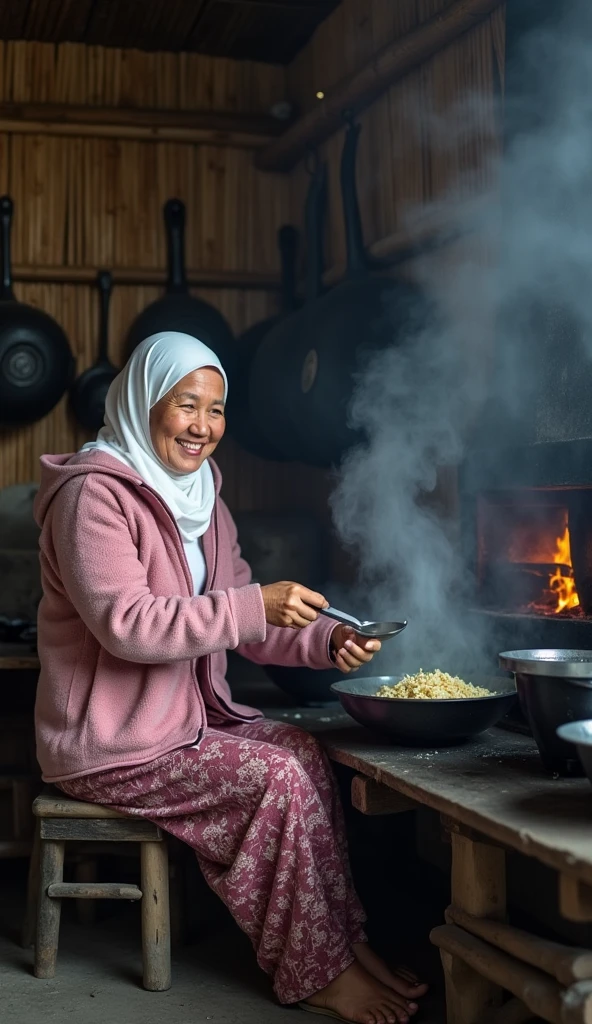(Photorealism 1.2) high detailed definition cinematic cinematography old malay women wearing hijab appron wrote masak APA Hari NI? cooking at the kitchen old rusty wood house smoke effect fire flame on smile face expressions rooster at the table