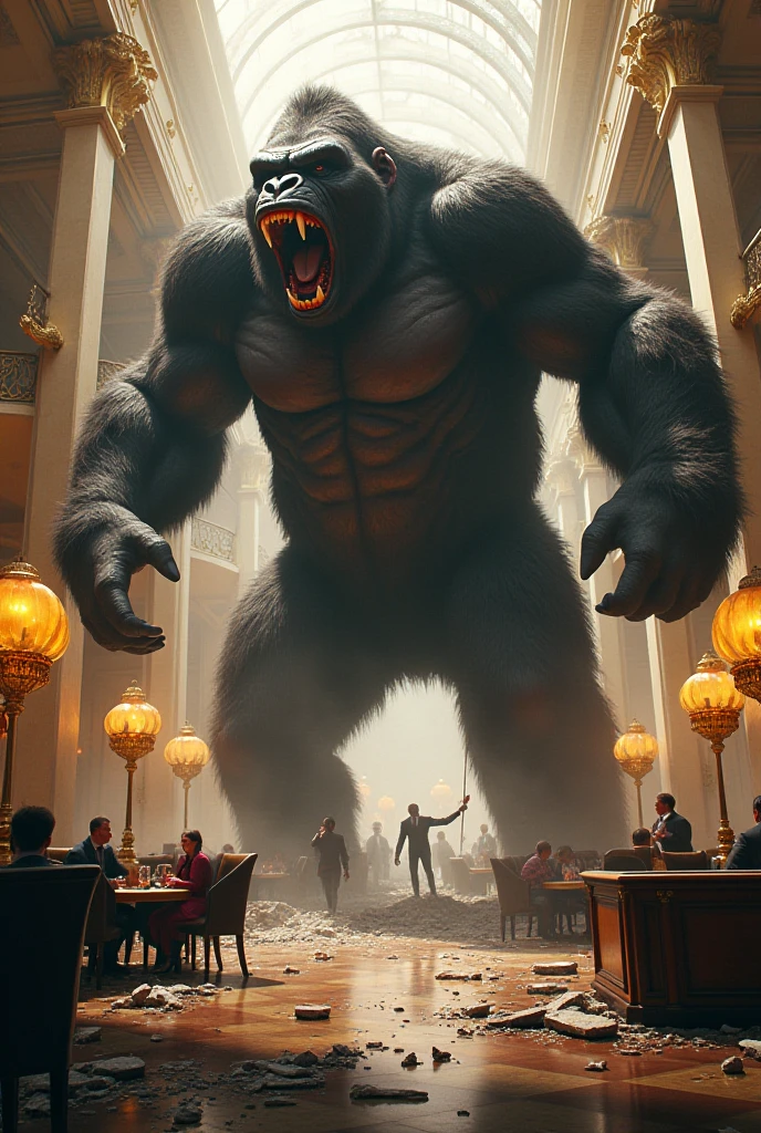 A gorilla is killing a man at a ramen shop、The customer is eating ramen、