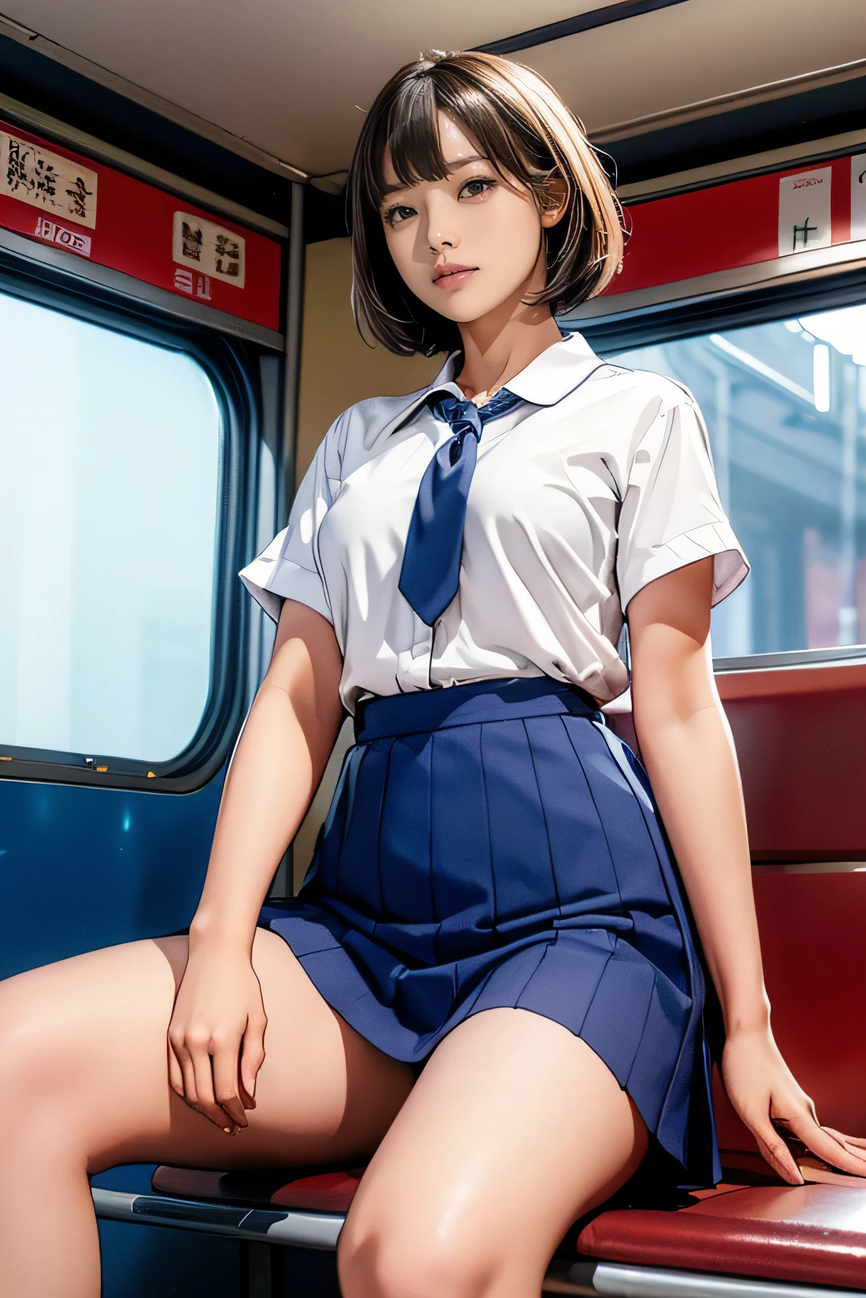 High-definition images, atmospheric perspective, 8K, Super detailed, Accurate, highest quality, 
1 girl, alone, chest, looking at the viewer, (look at the audience,:1.5),  
brown hair,  brown eyes, parted lips, smile slightly、underwear, panties, (japanese school uniform), 
 (navy blue mini skirt), (sit on a train seat:1.5), （spread your legs to the side:1.4)、underwear, panties, parted lips, 
 lips, (navy blue skirt), full body shot,  (((spread your legs, crossed arms))), showing sexy 、(whiteの panties:1.5), realistic ,
(white, collared shirt, ribbon tie),
(Do not expose your upper body:1.5),((Ceiling from below:1.2))、((from below:1.38))、
(turn your body toward the viewer:1.5) , (from below, look up:1.5), ((15 year old Japanese girl, short bob))