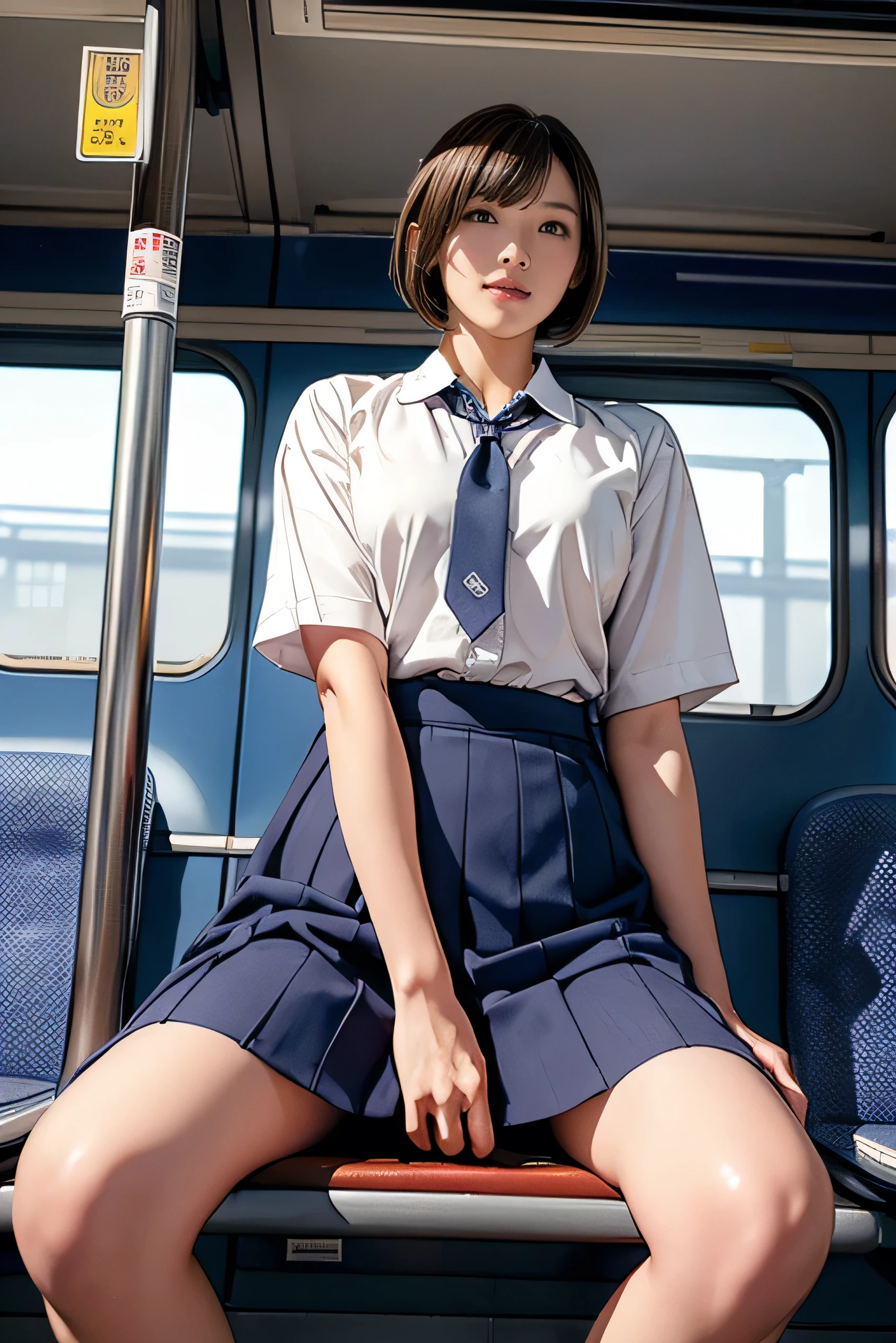 ((Highest quality)), (detailed), 1 Japan, sexy、ass pov, school girl, in a train, sitting on a seat, (long seat:1.5), Beautiful Skin, Double eyelids, camel toe, navy pleated skirt, spread legs, (exposured panties:1.4), panty pull, blush, (smile:0.8), embarrassed, realistic