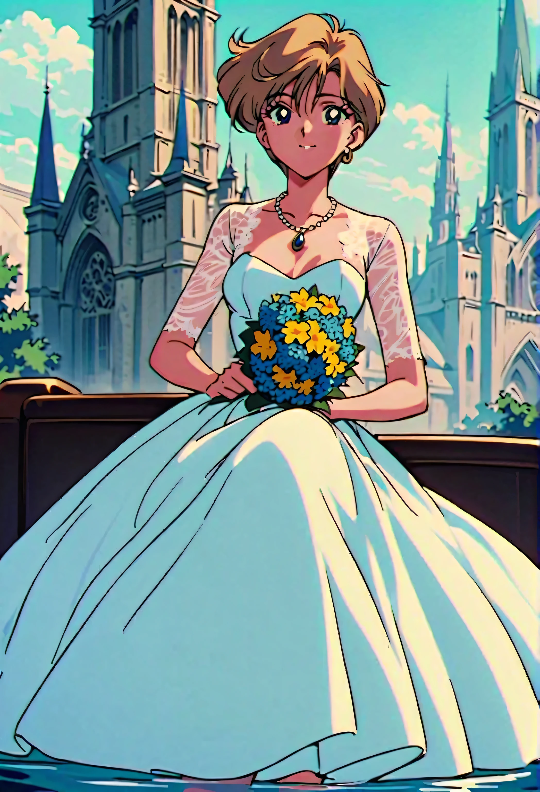 Masterpiece, best quality , very aesthetic, ridiculous ,1990s \( style\), 1 girl sitting underwater,Alone, sailor uranus XL,blue eyes, short hair while on a business trip,very short hair while on a business trip,Blonde, wedding dress , made of lace , cathedral, outdoor , necklace, earrings, Holding a Bouquet , colorful flowers,smile,