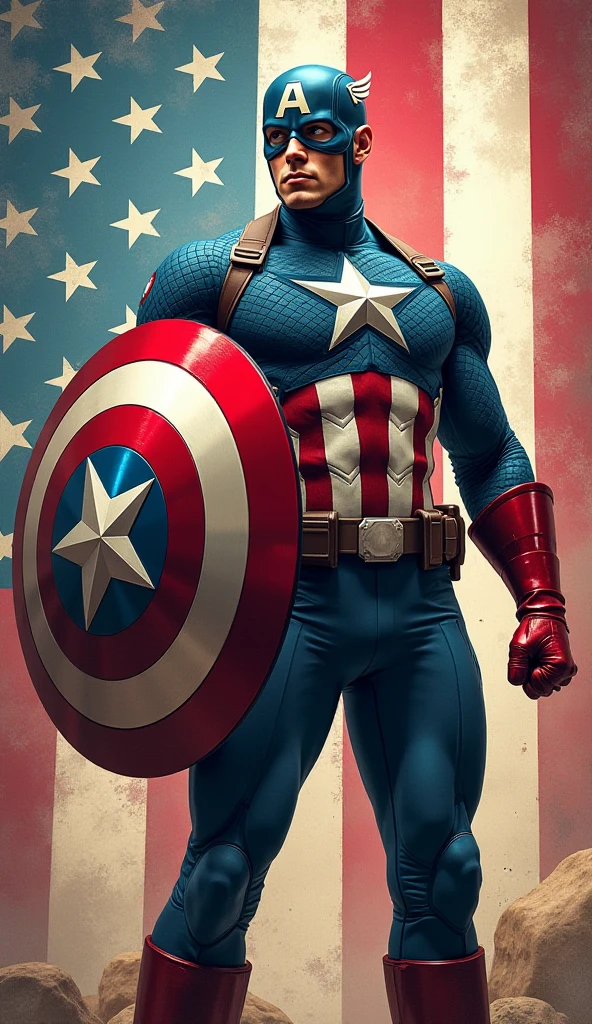 Captain America in the dark with a flag on his chest, Captain America, sua capa a bandeira americana, portrait of captain america, marvel superhero, joe biden as captain america, walter white as captain america, johnny depp as captain america, mr bean as captain america, avatar aang as captain america, Fotografia MCU, Personagem da Marvel, captain, hero