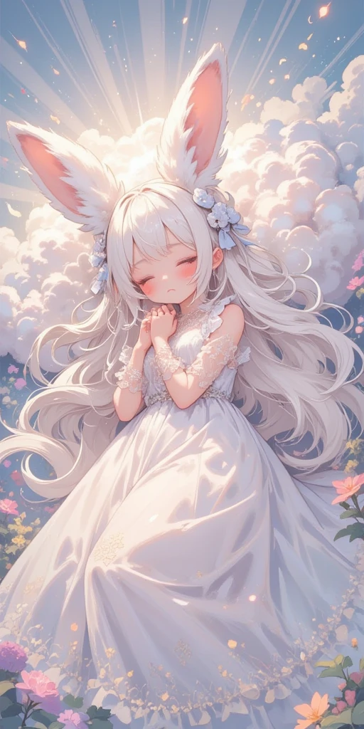 beautiful solemn text written "thank 6000". ((cute and kawaii rabbit girl lying down eternally sleeping in happy dream, long white hair and fluffy rabbit ear, transparent very white frilly dress embroidered delicately). at very unreal place as beautiful heaven shining particles floating.) (generate radiant and ethereal and translucent feeling picture. most beautiful image in the world. under black light and neon light. image generated by great soulful passion of artist. composition made by perfect golden ratio. flat newest anime style but very detailed art. masterpiece, best quality,)