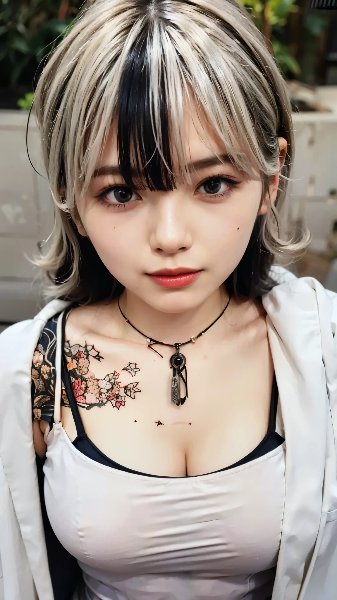 (Completely live action:1.37), (Amazingly realistic textures:1.37), (masterpiece, best quality:1.2), (8k uhd, 16k, 32k, ultra high res), amazingly realistic skin, amazingly realistic photo, superrealism, (photorealistic:1.37), (RAW photo), ultimately realistic, (ultimately realistic all details), (ultimately realistic all textures), super realistic lighting, super realistic shadow, (japanese girl:1.5), ((young face)), smiling, happy, super realistic face, ultimately realistic skin, ultimately realistic eyes, (mascara:1.35)ultimately realistic background, ultimately realistic detail up, kkw-ph1, GotouMaki, (Canon EOS R6, 85mm, 1/200s, f/5.6, ISO 1600), (tattoo), (mechanical armor:1.37), (sel-frame glasses), (blue eyes:1.2), (silver hair:1.3),