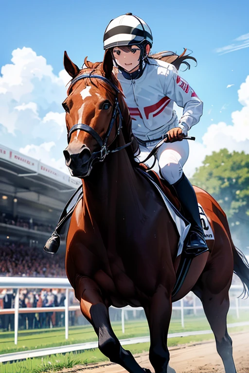 A cute anime-style woman dressed as a horse racing jockey　Jockey's attire　Running at full speed on a green racetrack　Please remove the ears from the hat.