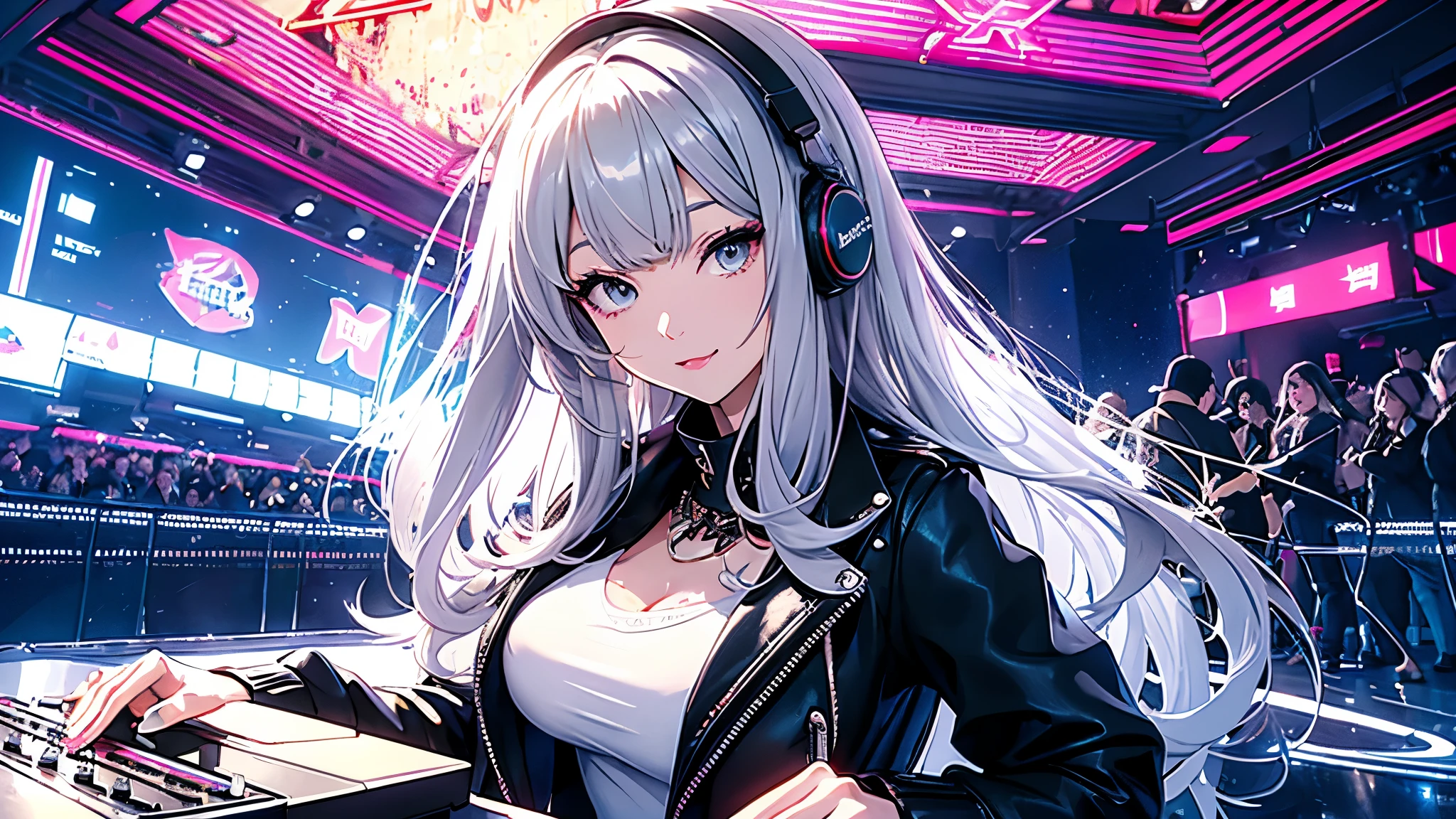 ( Masterpiece, ultra detailed , clear focus , shadow, super high definition , 8k, perfectionな解剖学, perfect face, ( detailed face ), ( detailed eyes ), highlights on her eyes Best Quality 、 wearing black street sneakers with silver decorations、blunt bangs, no stray hair、 gray hair、 semi-long hair、double eyelids、 gray eyes、 cool woman with white skin 、One person、Around 25 years old、 is smiling、F cup breasts、About 170 cm tall 、 is constricted、Beautiful, shiny hair、 she's wearing a black leather jacket,I'm wearing a jumpsuit as an inner layer、I'm wearing black leather pants、、a necklaceを身に着けている、night、Sitting on the roof of a skyscraper 、 she wears shoes that look like running shoes so that the angle of view is reflected from front to head to feet 、DJ girl standing、 bird view 、Overhead camera work、 slender animation is sitting on a laptop at the weapon table、 colorful headphones, biology,thunder, Neon glow, beautiful , Futuristic modern , rockスター, rock, urgent, perfection, Spectacular, bright color, volumetric lighting, Best Shadows, shallow depth of field ,, colorful illustration , gorgeous , magic , Flicker, glare, neon garland , complicated details, very detailed、woman、A turntable full of laughter、mixer、 sampling machine 、Rhythm Box、mixer,synthesizer、Stage Live Background、 spotlight from behind