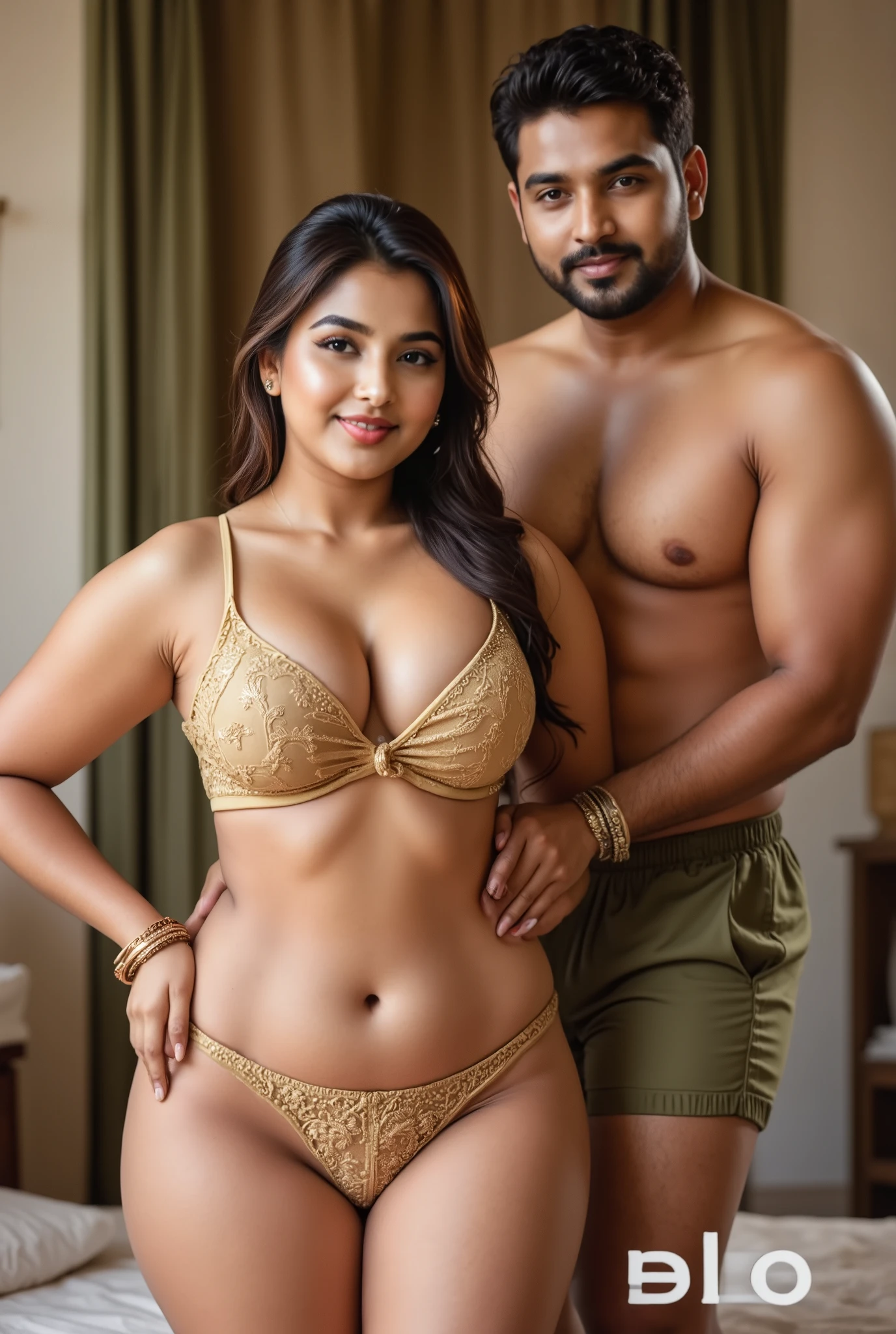 Front view , full body image of a 25 year old hourglass figured plus sized Telugu anchor syamala, front view, embroidered sandal gold colour transparent nettype body tight bikini, breasts and nipples visible, beautiful big belly button,, very big breasts a 22 year old shirtless boy slim indian man with beardless side skin fade hairstyle wearing shirtless and beach short standing with woman, (((slim boy))) from behind putting his hand around woman’s waist her her from behind, in a bed room,High Resolution,both faces are very clear view.