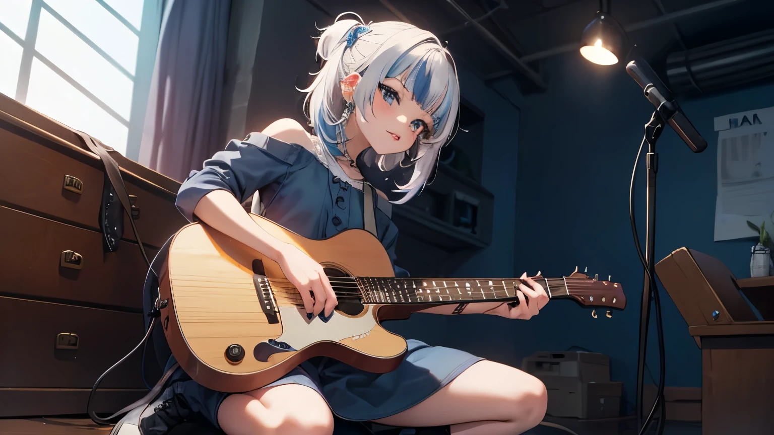 Create a skinny girl with short blue hair, , who wears loose clothing and piercings , . Her hobby is playing guitar , she wears rocker boots , and only her lips are tinted pink , and thin hips are tightened