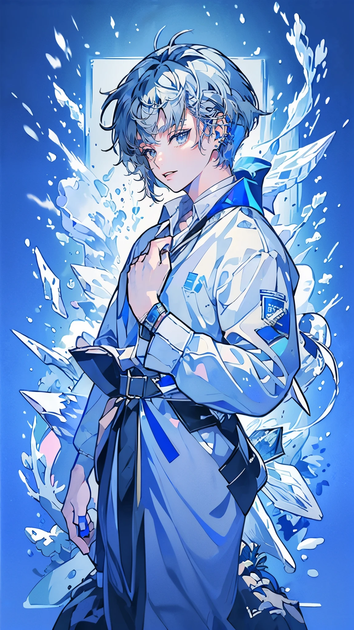 (muste piece), (best quality), very detailed, 1 boy, Solo Full Body Shot, perfect face, beautiful young man, very detailedな顔,(Blue-haired shorthair:1.5),(blue eyes:1.4),(in water:1.4),Ocean,School of small fish,Light,jellyfish,Ocean藻,Red fish,Yellow fish,深Ocean,fantasy