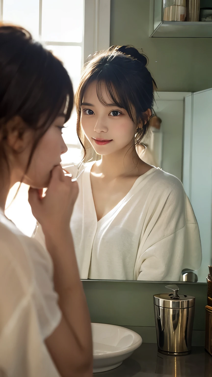 top-quality、masterpiece、超A high resolution、(Photorealsitic:1.4)、Raw photo、女の子1人、off shoulder gentle、with light glowing、japanes、Nice style、Beautuful Women、inside in room、hands on one's face