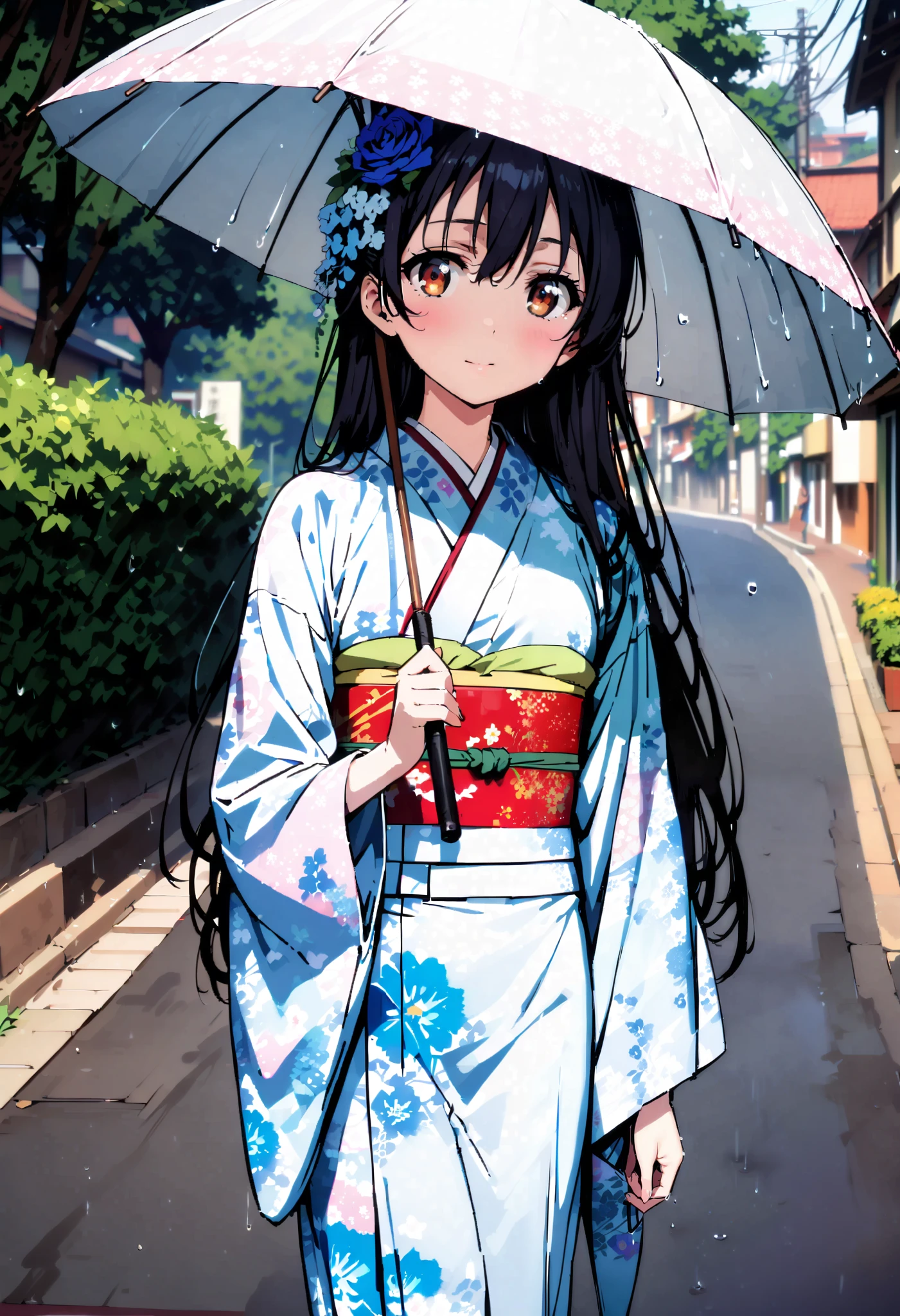 Alone,Sonoda Umi , long hair, bangs, 's hair, brown eyes, blue hair ,smile,blush, close your mouth,Blue flower pattern furuncle , kimono,White Belt,Hair extensions, flower hair ornament white footbag ,Sandals, holding the grip of a Japanese umbrella with both hands and placing it on my shoulder,holding umbrella,rain,whole bodyがイラストに入るように, break looking at viewer,whole body,
break outdoors,Residential Street,
break (masterpiece:1.2), best quality , kampala,unity 8k 壁紙,(shape:0.8),( fine, beautiful eyes :1.6),It's a person ,whole body写真,CG Details , ( perfect hand, complete anatomy),