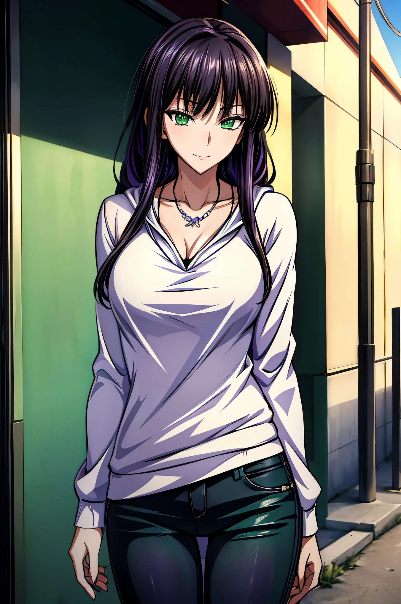 high resolution, highly detailed CG , High Quality shadows, Detail A beautiful delicate face in a black leather costume , beautiful delicate eyes ,break(High definition 8K wallpaper),(Highly detailed CG 8k wallpaper),Makima ( chainsaw man ), Skasach (destiny/ Grand Order required),Reika Shimodaira , nothing , fluttering background {x} extremely delicate and beautiful CG illustration,最 High Quality , Beautiful Thighs, big breasts、 Slim waist,(((masterpiece))), (((最 High Quality ))),8k,32K,masterpiece,beautiful alluring Anime woman, ultra definition , more details, high resolution, super real high school girl ,Masseter muscle area, 最 High Quality , High Quality , High Definition , HD texture, High Quality シャドウ, high details, Finely Details , age girl,1 personの少女, high school students,Alone,I,Just One,Alone,1 person,Taki, adult ,Leg length,Beautiful long legs,8 heads, statue :171cm, mature girl ,赤 purple hair,赤 purple hair, purple hair,Blackcurrant colored hair,Silky smooth hair, colorful hair, straight hair,smile,Cool Beauty, beautiful woman, pretty face, Beautiful realism, seductive look, Bewitching looks ,Quiet look, beautiful hair,首に necklaceをしている, necklace, ビーズ necklace ,Magatama Accessories,smile, colorful eyes, green eyes,Jade green eyes, beautiful eyes, bright eyes,Delicat eyes, Jewel Eyes ,Jade Eyes, droopy eyes ,( green eyes:1.5), enchanting face , watching viewers,Model Photo, simple background, black hair, long eyelashes , lightsmile, 赤 purple hair, Blackcurrant colored hair, hairpin, lightsmile, 妖艶なsmile, Jade green eyes, Sparkling pupils, droopy eyes , multicolor eye , Anime style, ハイパー realism, realism, Anime, 8k, more details, accurate, 最 High Quality , 16k, anatomically accurate, accurate, 超 high resolution, 16k, high resolution, 最 High Quality , hoodie,Casual clothes,(( black low rise skinny long jeans)), hoodie,(( Sweatshirt )),stroll,Building Street,sunlight,blue sky,stroll, bustling streets ,Daytime, walking , TAKE OUT ,outside,