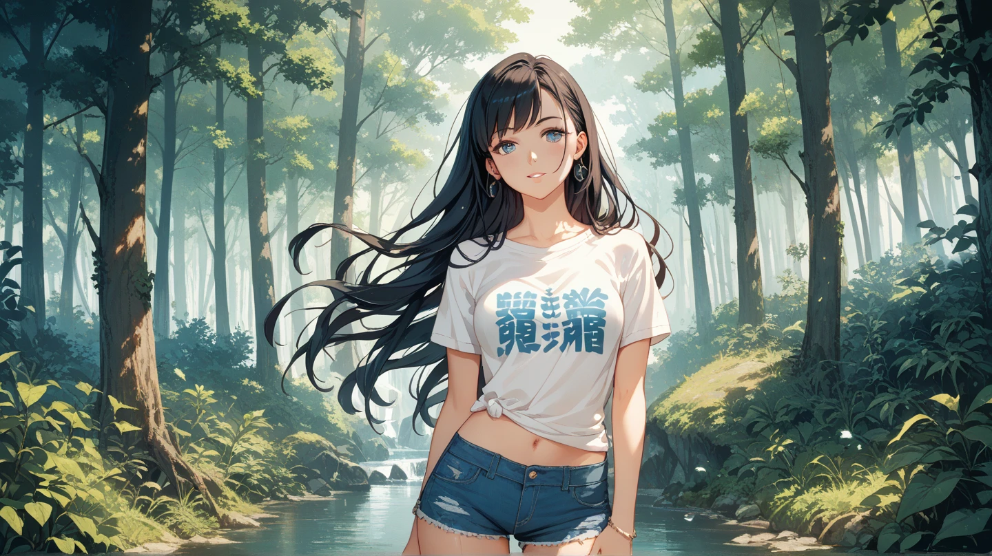 a person wearing headphones and a moss green shirt, anime vibes, in an anime style, realistic anime art style, attractive anime girl, modern anime style, an anime girl, with glasses, in anime style, artwork in the style of guweiz, semirealistic anime style, realistic anime artstyle, wavy long black hair and glasses, anime girl, ling black hair with bangs, pale skin and light moss green eyes