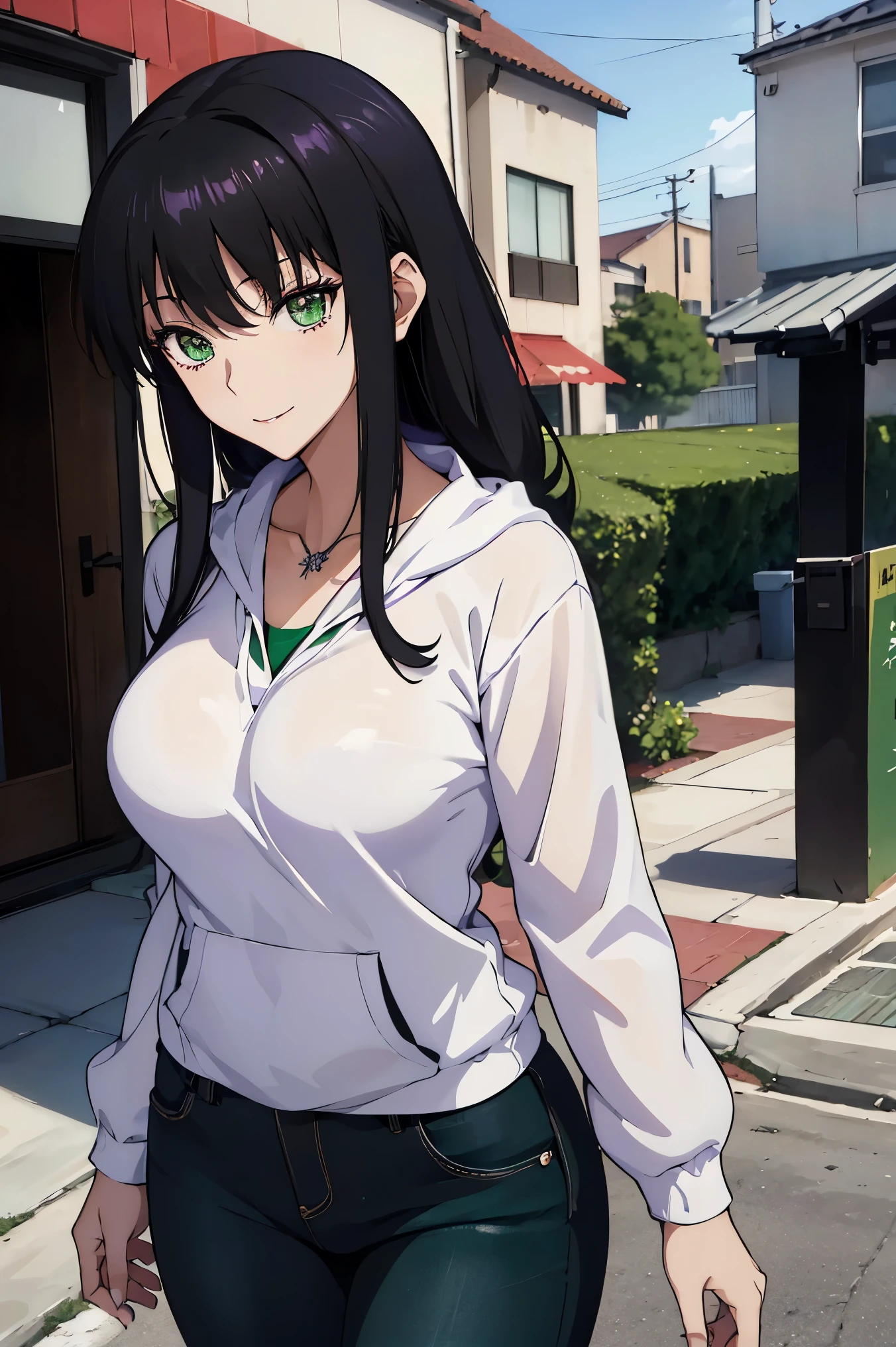 high resolution, highly detailed CG , High Quality shadows, Detail A beautiful delicate face in a black leather costume , beautiful delicate eyes ,break(High definition 8K wallpaper),(Highly detailed CG 8k wallpaper),Makima ( chainsaw man ), Skasach (destiny/ Grand Order required),Reika Shimodaira , nothing , fluttering background {x} extremely delicate and beautiful CG illustration,最 High Quality , Beautiful Thighs, big breasts、 Slim waist,(((masterpiece))), (((最 High Quality ))),8k,32K,masterpiece,beautiful alluring Anime woman, ultra definition , more details, high resolution, super real high school girl ,Masseter muscle area, 最 High Quality , High Quality , High Definition , HD texture, High Quality シャドウ, high details, Finely Details , age girl,1 personの少女, high school students,Alone,I,Just One,Alone,1 person,Taki, adult ,Leg length,Beautiful long legs,8 heads, statue :171cm, mature girl ,赤 purple hair,赤 purple hair, purple hair,Blackcurrant colored hair,Silky smooth hair, colorful hair, straight hair,smile,Cool Beauty, beautiful woman, pretty face, Beautiful realism, seductive look, Bewitching looks ,Quiet look, beautiful hair,首に necklaceをしている, necklace, ビーズ necklace ,Magatama Accessories,smile, colorful eyes, green eyes,Jade green eyes, beautiful eyes, bright eyes,Delicat eyes, Jewel Eyes ,Jade Eyes, droopy eyes ,( green eyes:1.5), enchanting face , watching viewers,Model Photo, simple background, black hair, long eyelashes , lightsmile, 赤 purple hair, Blackcurrant colored hair, hairpin, lightsmile, 妖艶なsmile, Jade green eyes, Sparkling pupils, droopy eyes , multicolor eye , Anime style, ハイパー realism, realism, Anime, 8k, more details, accurate, 最 High Quality , 16k, anatomically accurate, accurate, 超 high resolution, 16k, high resolution, 最 High Quality , hoodie,Casual clothes,(( black low rise skinny long jeans)), hoodie,(( Sweatshirt )),stroll,Building Street,sunlight,blue sky,stroll, bustling streets ,Daytime, walking , TAKE OUT ,outside,