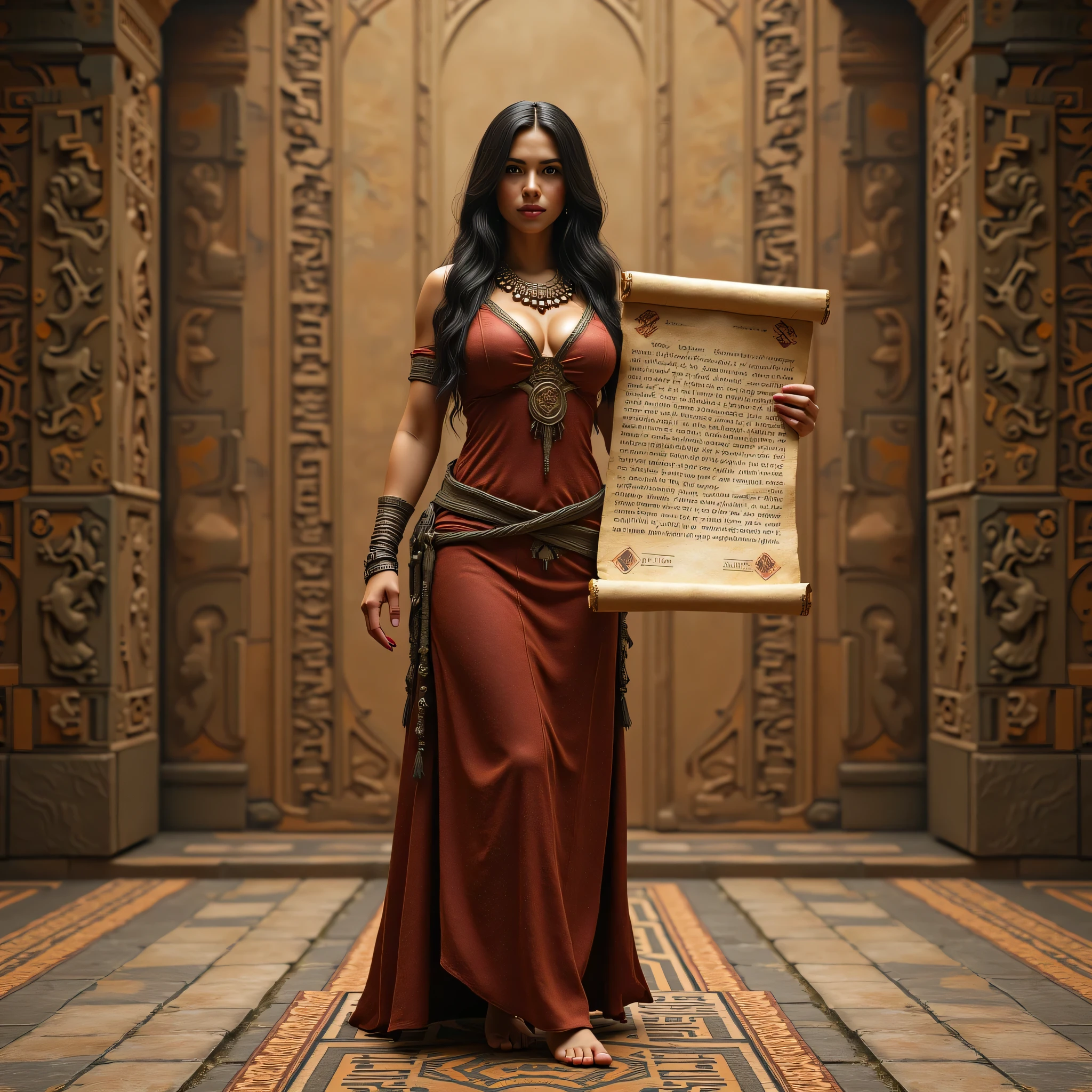 A hyper-realistic image of a prehistoric tribe female aztec scholar, symmetrically balanced in image composition. The aztec scholar is depicted in a full body angle view, showcasing her lively, lusciously vivacious, and shapely body. She is wearing a realistic primitively indigenous aztec scholar cultural long dress. The scene includes a well-rounded prehistoric female scholar holding lifted up a big papyrus of anciently script, writing, smiling. The background features a rune script temple scene with central leading lines, creating a sense of depth on ultra-wide angle. The image has UHD ambience, with a zoomed-out perspective, realistic textures, soft lighting, and a wide-angle view. The scholar's hands are accurately detailed with full human finger anatomy, and her hair is shiny and lifelike. The overall style is reminiscent of Far Cry 5 game artwork, with additional details and body fixes applied. The combination of influenced of TikiPunkAi Artwork, SolarPunkAi Artwork, and GreenPunkAi Artwork.