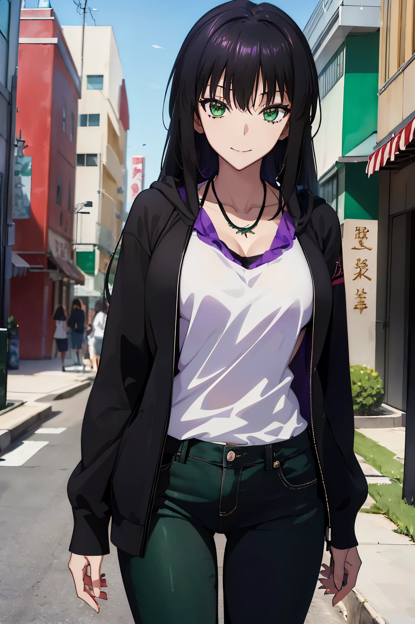 high resolution, highly detailed CG , High Quality shadows, Detail A beautiful delicate face in a black leather costume , beautiful delicate eyes ,break(High definition 8K wallpaper),(Highly detailed CG 8k wallpaper),Makima ( chainsaw man ), Skasach (destiny/ Grand Order required),Reika Shimodaira , nothing , fluttering background {x} extremely delicate and beautiful CG illustration,最 High Quality , Beautiful Thighs, big breasts、 Slim waist,(((masterpiece))), (((最 High Quality ))),8k,32K,masterpiece,beautiful alluring Anime woman, ultra definition , more details, high resolution, super real high school girl ,Masseter muscle area, 最 High Quality , High Quality , High Definition , HD texture, High Quality シャドウ, high details, Finely Details , age girl,1 personの少女, high school students,Alone,I,Just One,Alone,1 person,Taki, adult ,Leg length,Beautiful long legs,8 heads, statue :171cm, mature girl ,赤 purple hair,赤 purple hair, purple hair,Blackcurrant colored hair,Silky smooth hair, colorful hair, straight hair,smile,Cool Beauty, beautiful woman, pretty face, Beautiful realism, seductive look, Bewitching looks ,Quiet look, beautiful hair,首に necklaceをしている, necklace, ビーズ necklace ,Magatama Accessories,smile, colorful eyes, green eyes,Jade green eyes, beautiful eyes, bright eyes,Delicat eyes, Jewel Eyes ,Jade Eyes, droopy eyes ,( green eyes:1.5), enchanting face , watching viewers,Model Photo, simple background, black hair, long eyelashes , lightsmile, 赤 purple hair, Blackcurrant colored hair, hairpin, lightsmile, 妖艶なsmile, Jade green eyes, Sparkling pupils, droopy eyes , multicolor eye , Anime style, ハイパー realism, realism, Anime, 8k, more details, accurate, 最 High Quality , 16k, anatomically accurate, accurate, 超 high resolution, 16k, high resolution, 最 High Quality , hoodie,Casual clothes,(( black low rise skinny long jeans)), hoodie,(( Sweatshirt )),stroll,Building Street,sunlight,blue sky,stroll, bustling streets ,Daytime, walking , TAKE OUT ,outside,