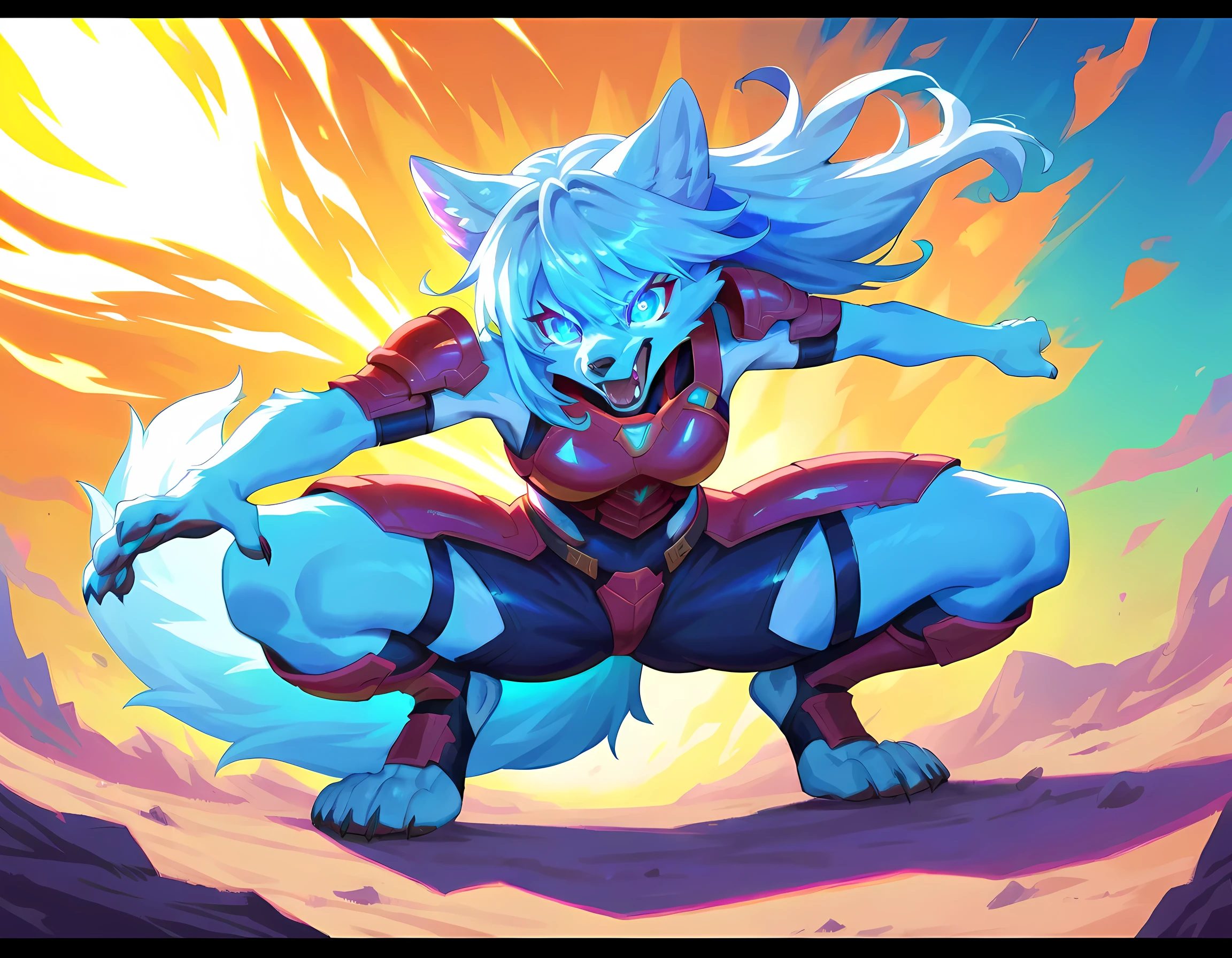 score_9, score_8_up , score_7_up ,In the wild,wolf_girl,spirit_wolf,furry,(spirit:1.2),perspective,feet out of frame,outside border,absurdres,ray tracing,squatting,outstretched arm,paw pose,fighting stance, blue eyes,fang,(glowing eyes:1.5),tsurime ,evil, fang out,screaming,glowing fur,Blue fur like flames, cyberpunk_armor,(Sci_fi armor:1.2)