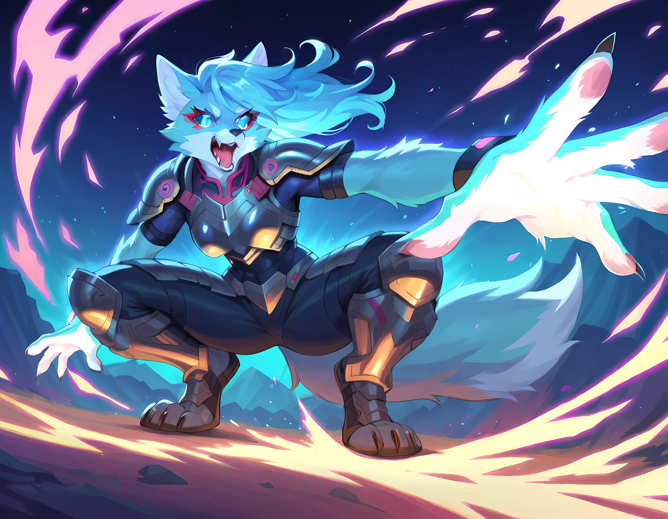 score_9, score_8_up , score_7_up ,In the wild,wolf_girl,spirit_wolf,furry,(spirit:1.2),perspective,feet out of frame,outside border,absurdres,ray tracing,squatting,outstretched arm,paw pose,fighting stance, blue eyes,fang,glowing eyes,tsurime ,no sclera,evil, fang out,screaming,glowing fur,Blue fur like flames, cyberpunk_armor,(Sci_fi armor:1.2)