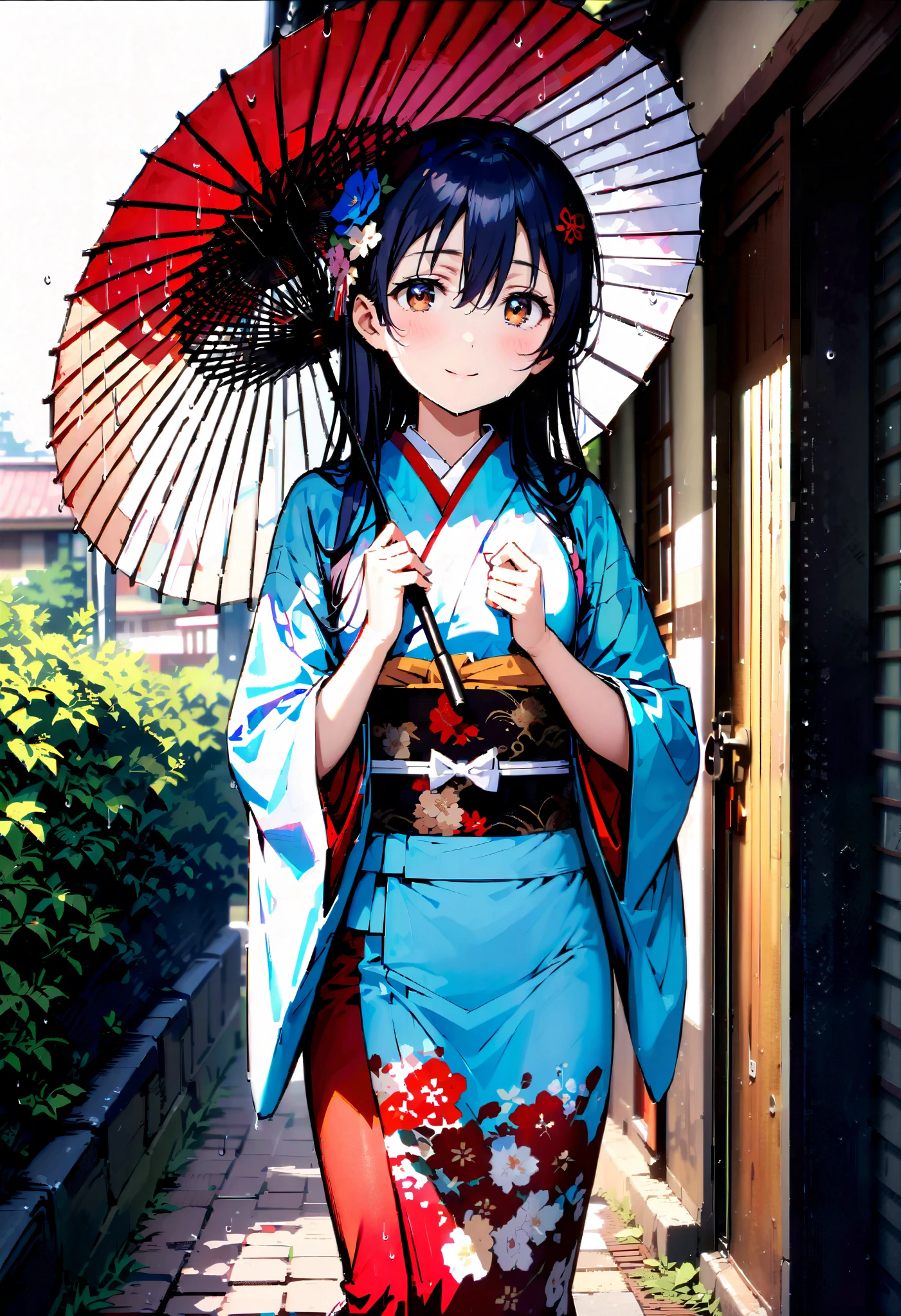 Alone,Sonoda Umi , long hair, bangs, 's hair, brown eyes, blue hair ,smile,blush, close your mouth,Blue flower pattern furuncle , kimono,White Belt,Hair extensions, flower hair ornament white footbag ,Sandals, holding the grip of a Japanese umbrella with both hands and placing it on my shoulder,holding umbrella,rain,whole bodyがイラストに入るように, break looking at viewer,whole body,
break outdoors,Residential Street,
break (masterpiece:1.2), best quality , kampala,unity 8k 壁紙,(shape:0.8),( fine, beautiful eyes :1.6),It's a person ,whole body写真,CG Details , ( perfect hand, complete anatomy),