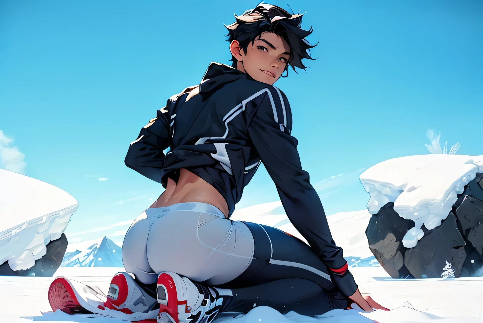  Japanese　　 handsome　 black hair 　　　short cropped 　　male　Slim figure　smile　Bulge　 Sheer Bright White Compression Suit　　Backwards　　Muscular ass　　Tiny Tight Butt 　Show off pose 　　The background is Antarctica　In the snow　　The background is Antarctica　Just snow 　　 lower body nude and brief 　　Kneeling　Back Butt Up 　雪の上にKneeling　 thigh up 
