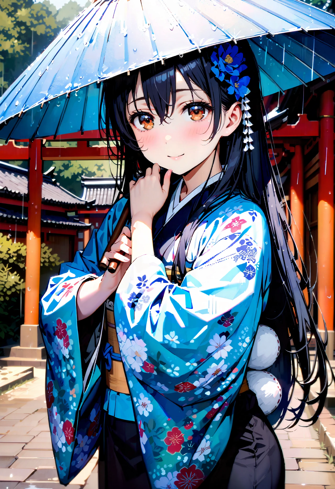 Alone,Sonoda Umi , long hair, bangs, 's hair, brown eyes, blue hair ,smile,blush, close your mouth,Blue flower pattern furuncle , kimono,White Belt,Hair extensions, flower hair ornament white footbag ,Sandals, holding the grip of a Japanese umbrella with both hands and placing it on my shoulder,holding umbrella,rain,whole bodyがイラストに入るように, break looking at viewer,whole body,
break outdoors,shrine,
break (masterpiece:1.2), best quality , kampala,unity 8k 壁紙,(shape:0.8),( fine, beautiful eyes :1.6),It's a person ,whole body写真,CG Details , ( perfect hand, complete anatomy),