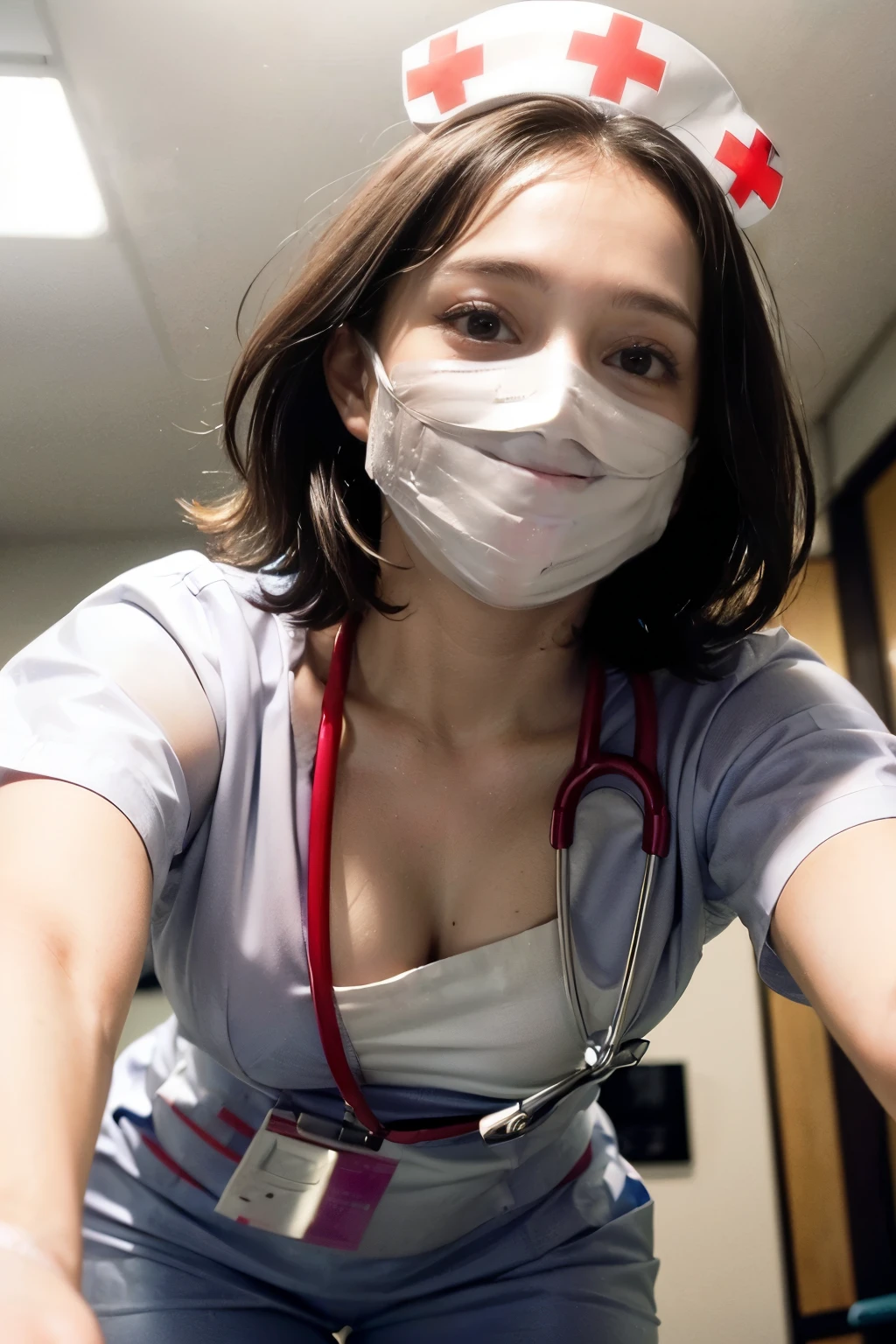 (( Female nurse:1.5))、(( White Mask :1.5))、(( Look Down:1.5))、(( Japanese))、(smileの目)、Alone、 natural body shape、  white skin、    natural cosmetics、     black hair   、bangs、  short bob、( medium bust :1.3)、(smile:1.4)、((    perfect anatomy:1.4))、(( sex))、((  view from below :1.5))