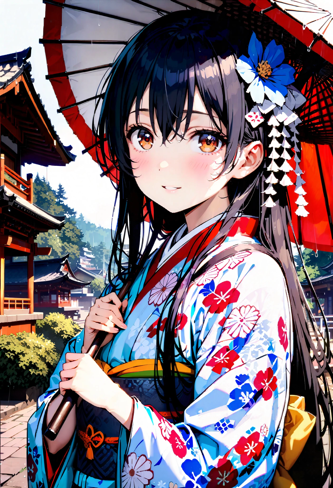 Alone,Sonoda Umi , long hair, bangs, 's hair, brown eyes, blue hair ,smile,blush, close your mouth,Blue flower pattern furuncle , kimono,White Belt,Hair extensions, flower hair ornament white footbag ,Sandals, holding the grip of a Japanese umbrella with both hands and placing it on my shoulder,holding umbrella,rain,whole bodyがイラストに入るように, break looking at viewer,whole body,
break outdoors,shrine,
break (masterpiece:1.2), best quality , kampala,unity 8k 壁紙,(shape:0.8),( fine, beautiful eyes :1.6),It's a person ,whole body写真,CG Details , ( perfect hand, complete anatomy),