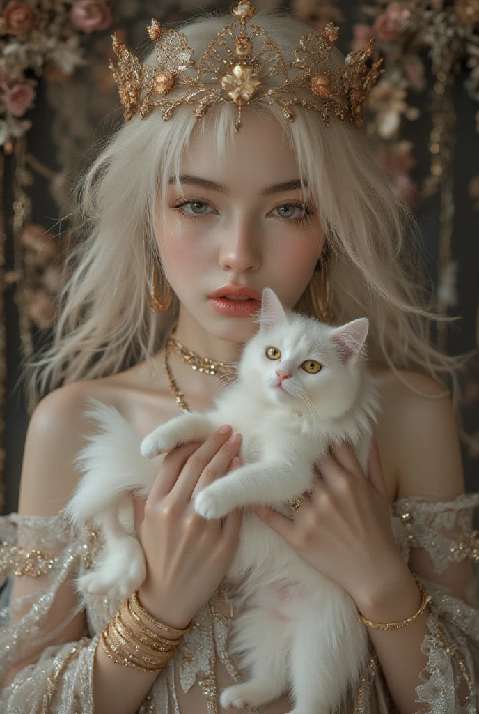 a woman with long wavy platinum blonde hair and white flowers in her hair is laying down in a field of white flowers, using a beautiful white dress with flowers ornament and long sleeves, the dress accentuates the body and has a high collar, the woman with golden eyes and delicate curves, the discreet smile that stands out on her doll-like lips, at her side a black cat with a red bow around its neck, the black cat is on her lap receiving affection and wearing a crown of white flowers, attention to detail, sharpness, vivid colors, focus, realistic details, ultra hd, dynamic poses, (amy sol:0.248), (stanley artgerm lau:0.106), (a detailed painting:0.353), (gothic art:0.106)